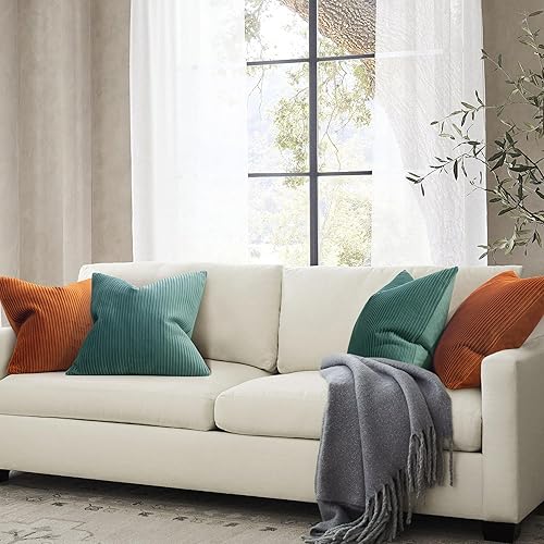 Miniatura 4 de YCOLL Juego de 2 fundas de almohada naranja quemado de 20 x 20 pulgadas con patrón de rayas de terciopelo, almohadas suaves para decoración del