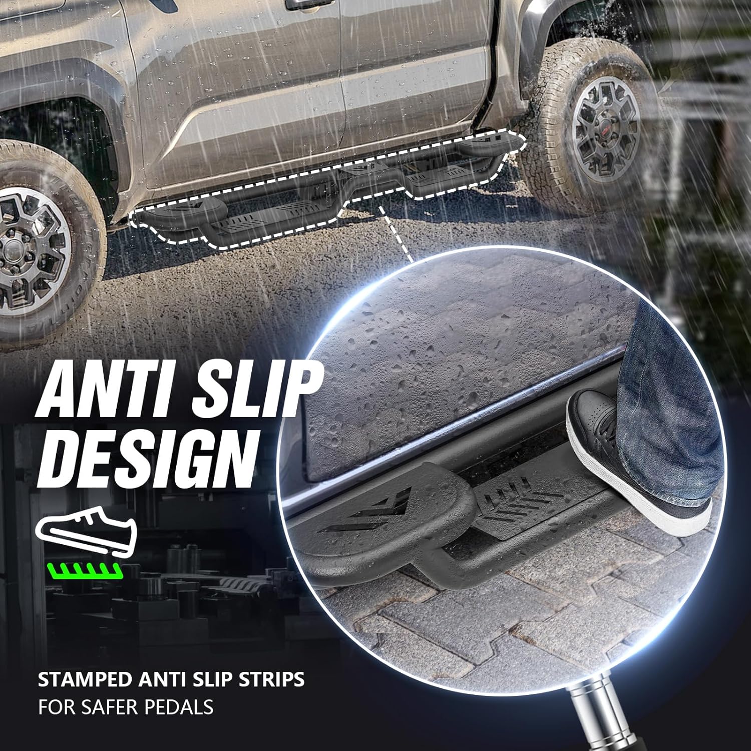 Three Raised Steps Running Boards Side Steps Compatible with 2024 2025 Toyota Tacoma Double Cab & Crew Cab, Heavy-Duty Carbon Steel Bolt-on Nerf Bar Side Rails Rock Sliders (4 Full-Size Doors)