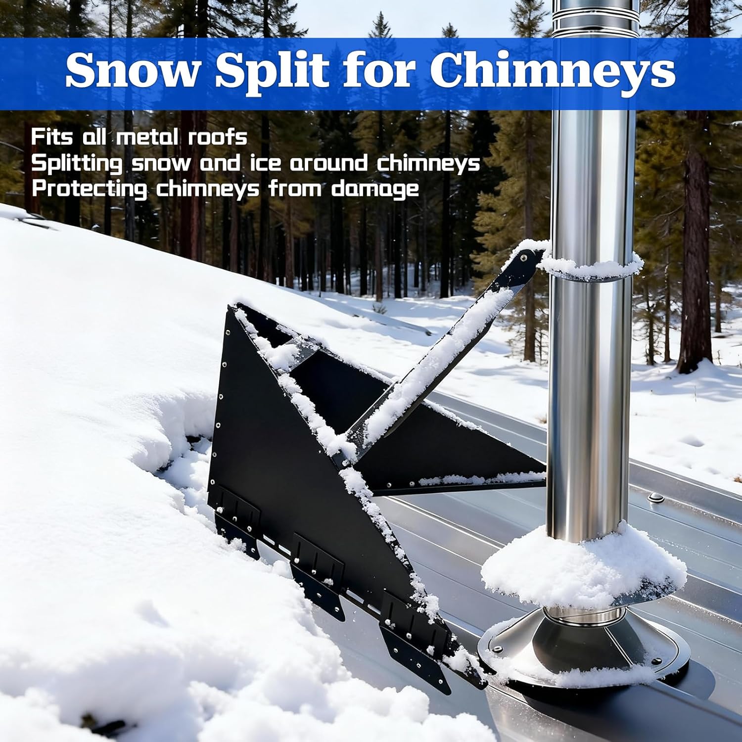 Stainless Steel Snow Diverters for Metal Roofs - Snow Split with Double Anti-Rust Coated, Triangular Roof Snow Guard with Stabilizing Support for Chimney, Stops Ice & Snow Avalanches
