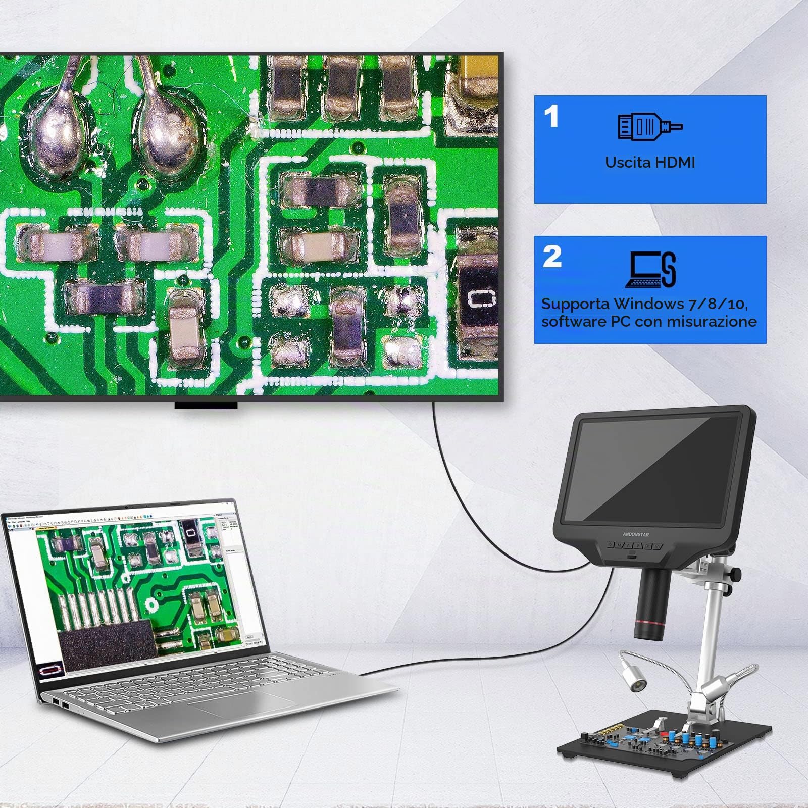 Andonstar AD409 - Microscopio digitale Pro HDMI, microscopio per saldatura da 10,1", microscopio elettronico USB 300X per saldatura PCB professionale, circuito stampato, supporta PC Windows