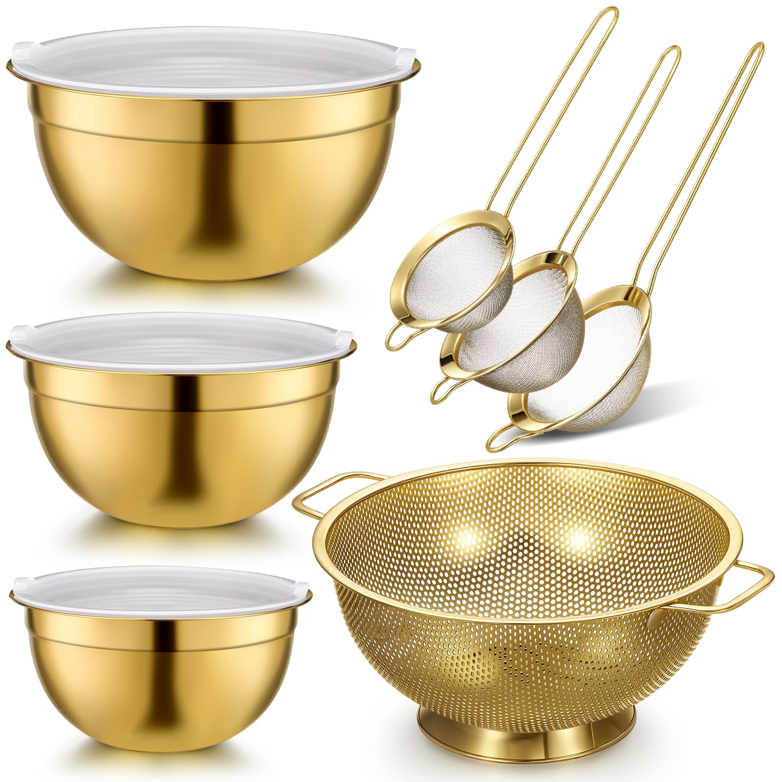 Baderke 7-teiliges goldenes Küchenzubehör beinhaltet Edelstahlsieb mit Griffen, 3 goldene Rührschüsseln mit luftdichten Deckeln und 3 feinmaschigen Sieben (Sieb: 5 Qt, Rührschüsseln: 1,5/2/3 Qt)
