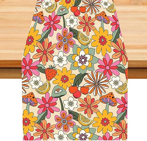 Miniatura 66 de Camino de mesa retro de los años 70, estilo vintage, arte abstracto moderno, verde, bohemio, espiral, ondas, granja, campo, cena, para el hogar,