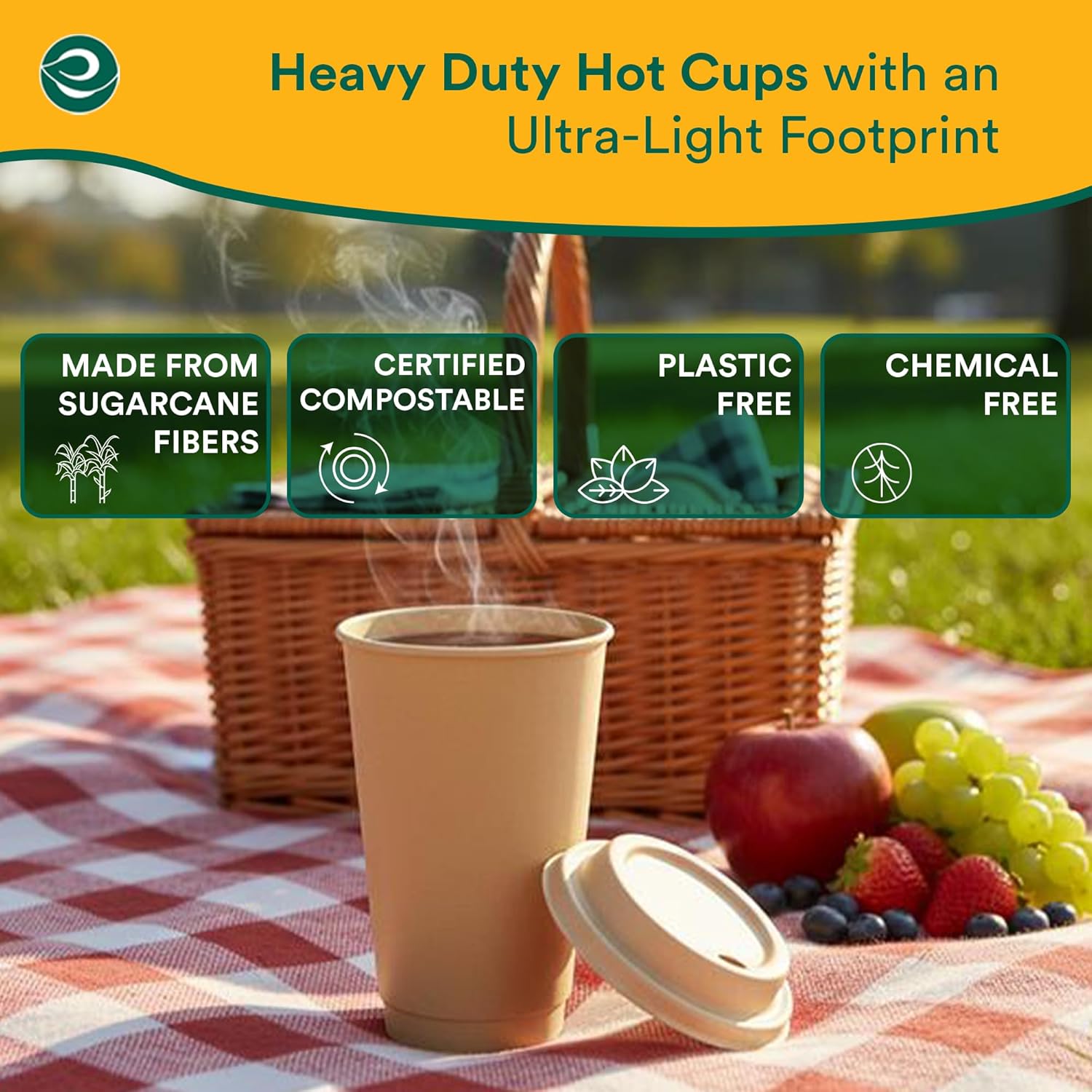 ECO SOUL 100 Pack 16 oz Disposable Coffee Cups with Lids Eco-Friendly, Biodegradable, Compostable, Leak-free & Sturdy To Go Hot Drink Cup for Tea, Chocolate Party Travel Cafe Office & Home