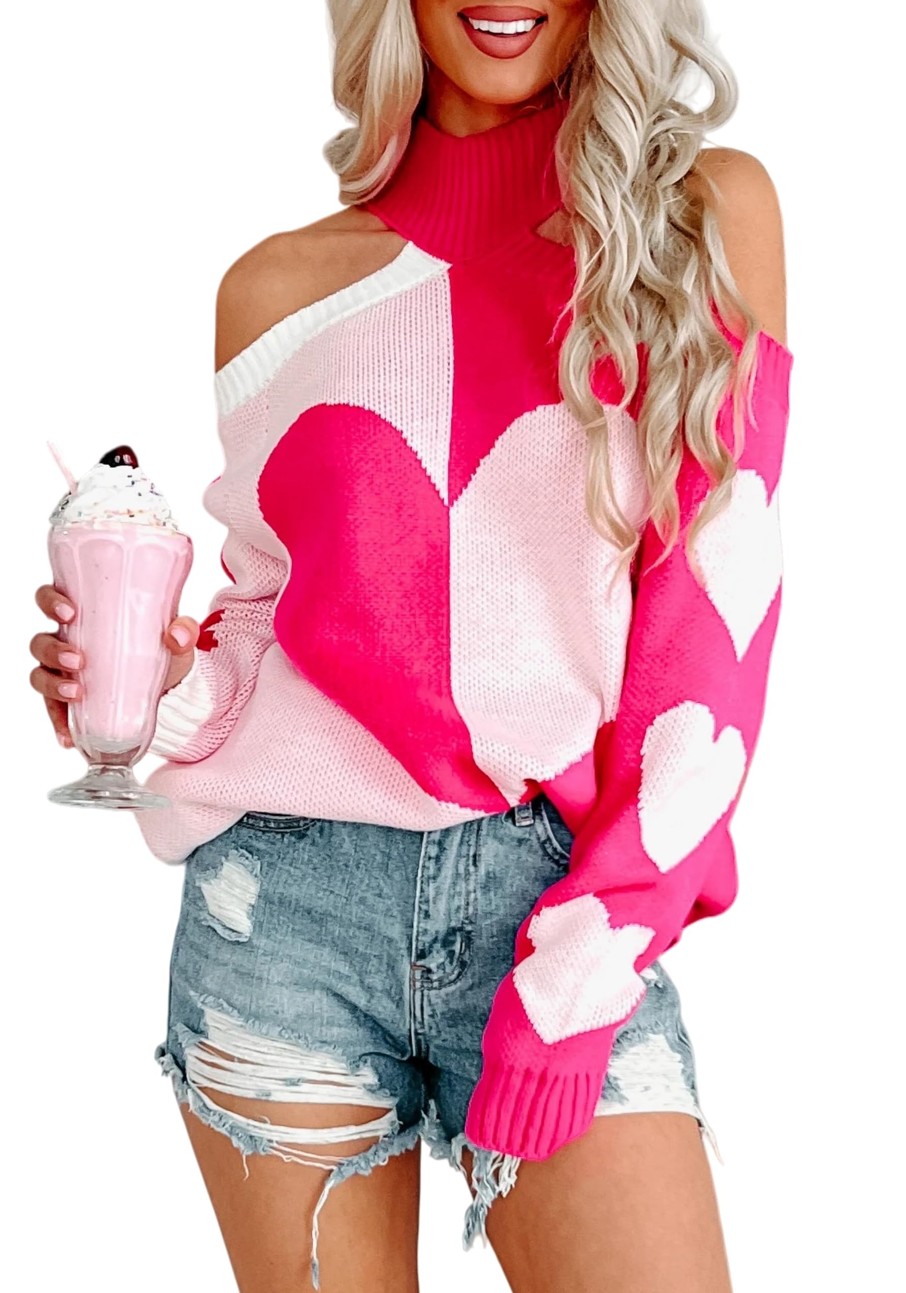 Seyumixi Women Heart Sweater Cold Shoulder Pullover Valentine Romantic Oversized Knitted Top Cute Love Print Sweaters