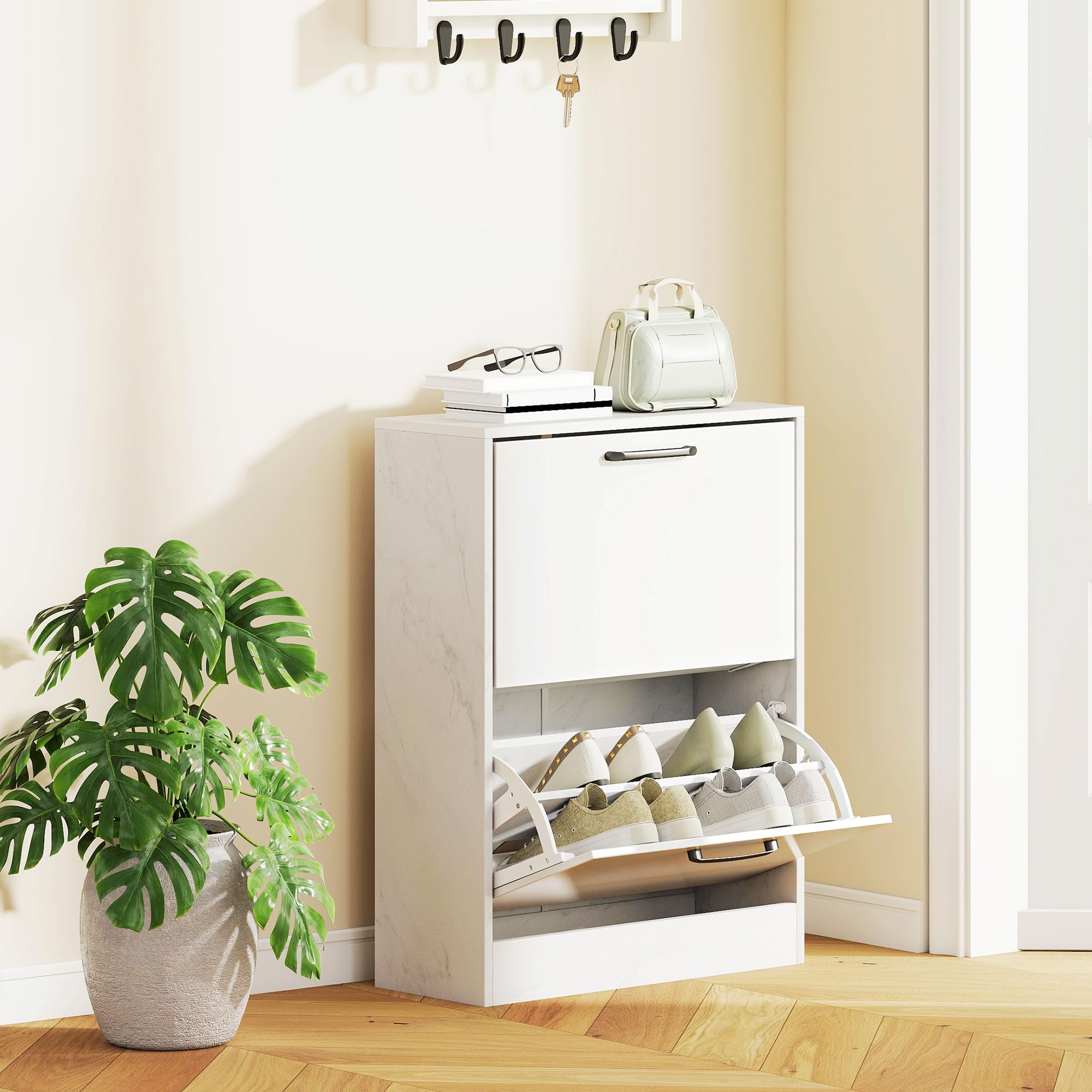 HOMCOM Zapatero Estrecho 2 Puertas de Alto Brillo 60x24x80 cm Blanco | Zapatero Entrada Recibidor, Estantes Ajustables, Diseño Mármol, para 8 Pares de Zapatos, Espacios Reducidos