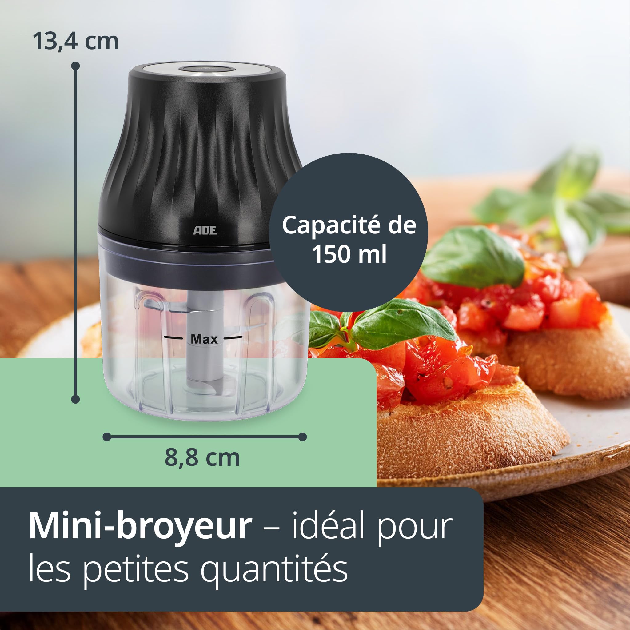 Mini Hachoir électrique Sans Fil ADE 150 Ml - Hachoir USB Rechargeable Pour Légumes, Herbes, Viande