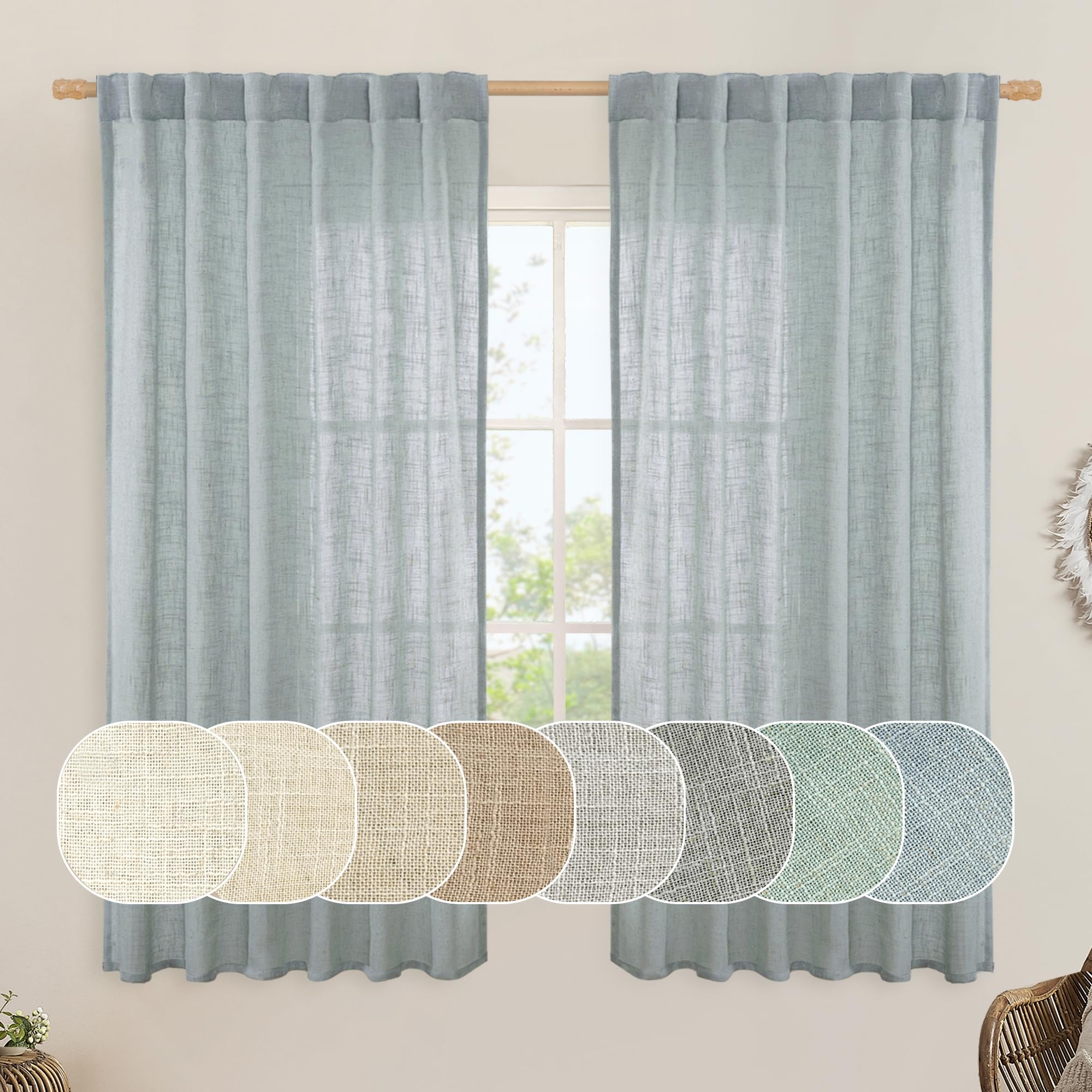 Faux Linen Curtains 63 inches Long for Bedroom, Back Tab and Rod Pocket Linen Drapes Light Filtering Semi Sheer Curtains for Small Window/Farmhouse, 2 Panels (52 x 63 Inch, Greyish Blue)