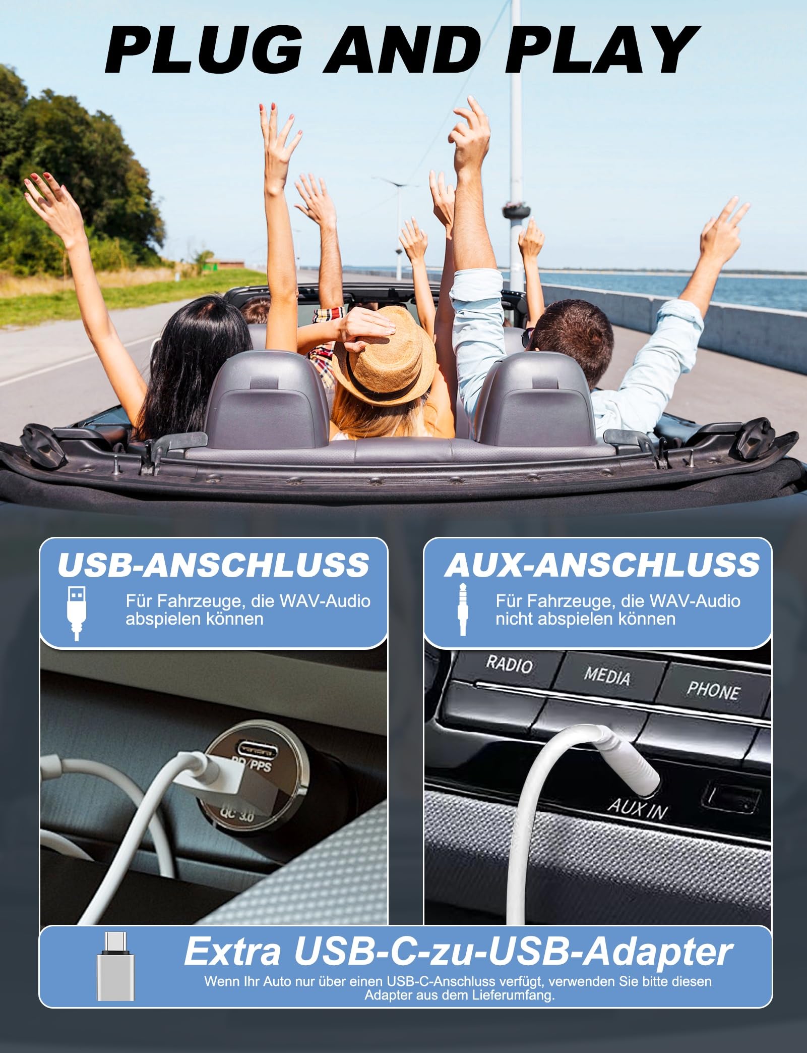 Auto CD Player Laufwerk mit USB-Anschluss - Extern Universal CD Player für Auto PKW LKW, Extra USB-Verlängerungskabel, Externes CD Laufwerk für Laptop, PC, Fernseher, kompatibel mit Android Autoradio