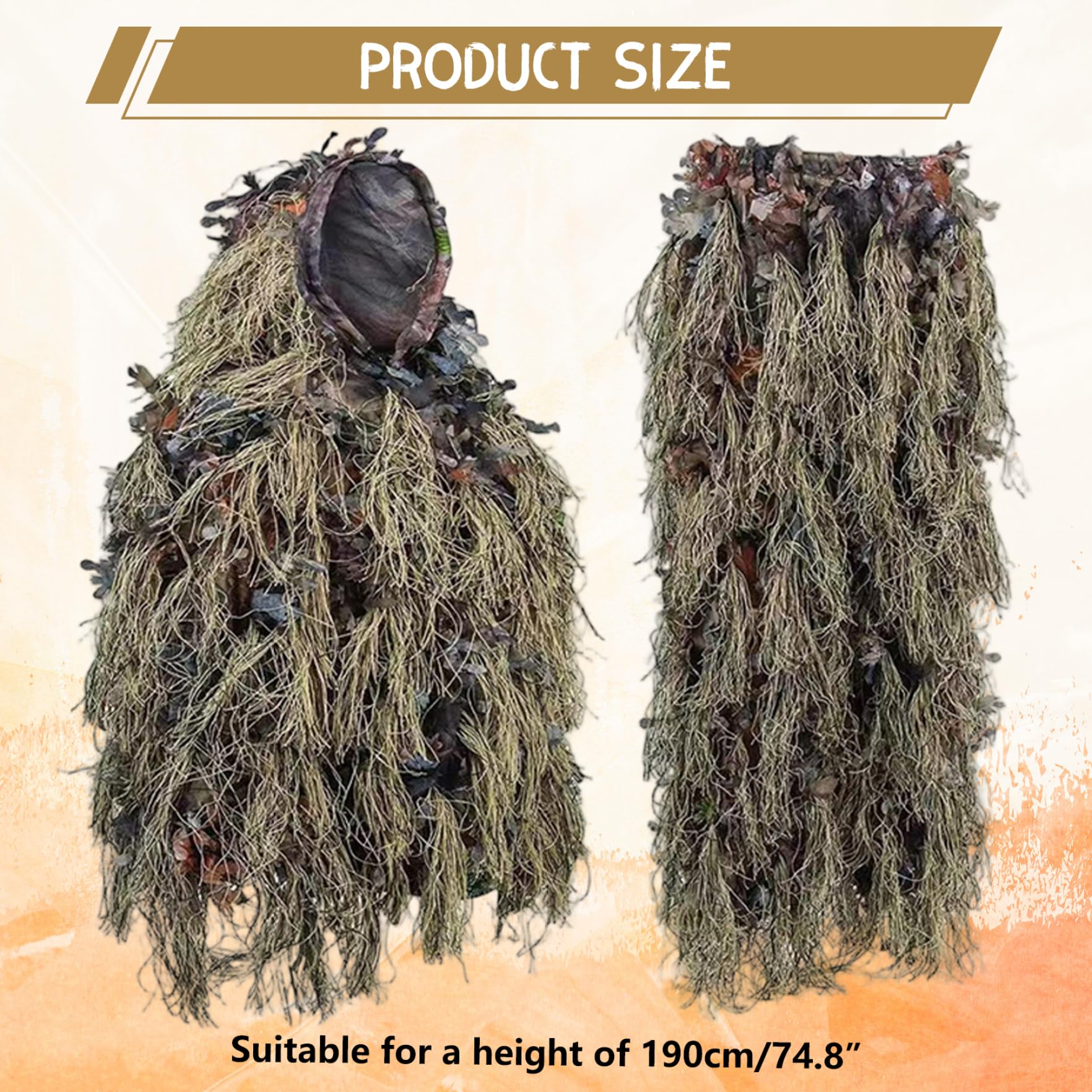 Traje Ghillie Camo Leafy Ropa de Caza Ligera para Hombres Poncho Ghillie Transpirable para Cazadores, Francotirador, Paintball,