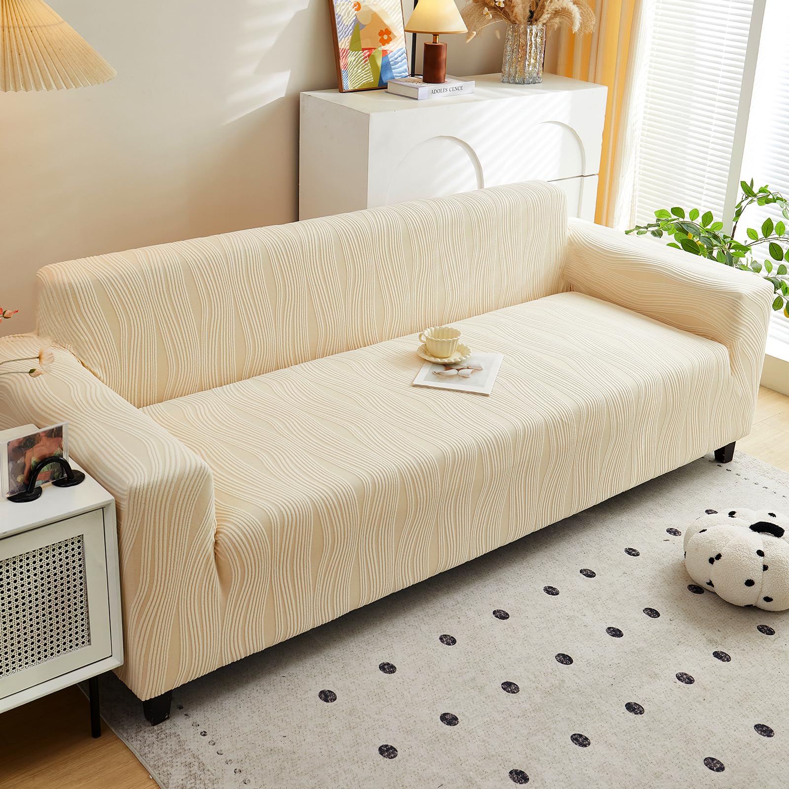 Housse Canape Extensible, Tissu Velours Jacquard Épaissi Housse de Canapé, Antidérapante, Protection Canapé pour Chien Animaux Domestiques, Lavable en Machine (3 siège, Beige)