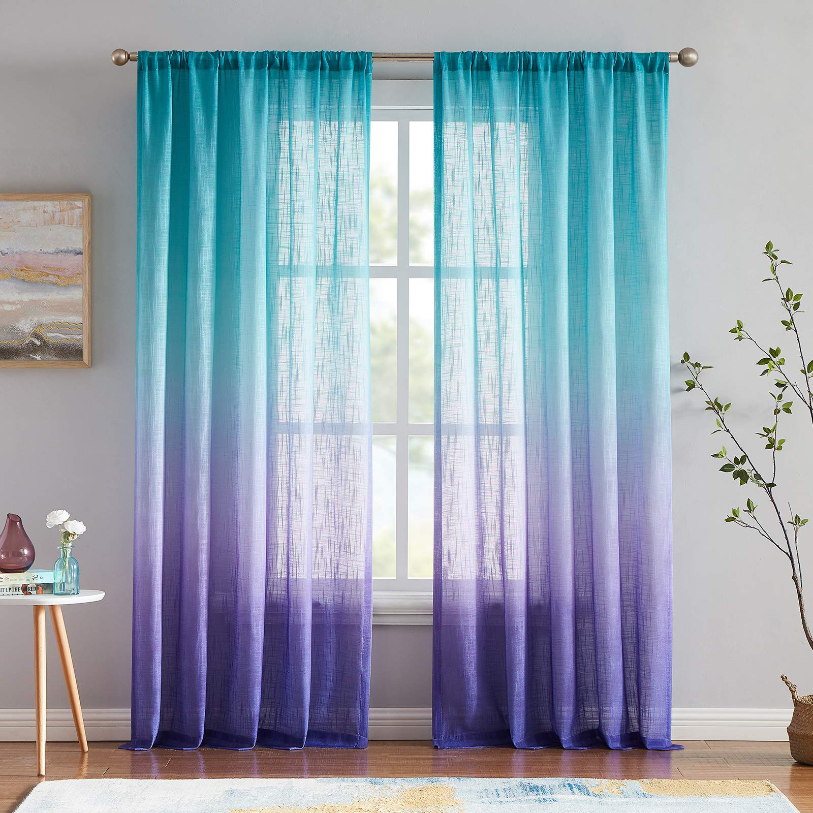 Melodieux Linen Textured Ombre Semi Sheer Curtains 96 Inches Long for Living Room Bedroom Mermaid Rod Pocket Gradient Drapes, Blue Purple Cyan Turquoise Teal Lilac, 52 x 96 Inch (2 Panels)