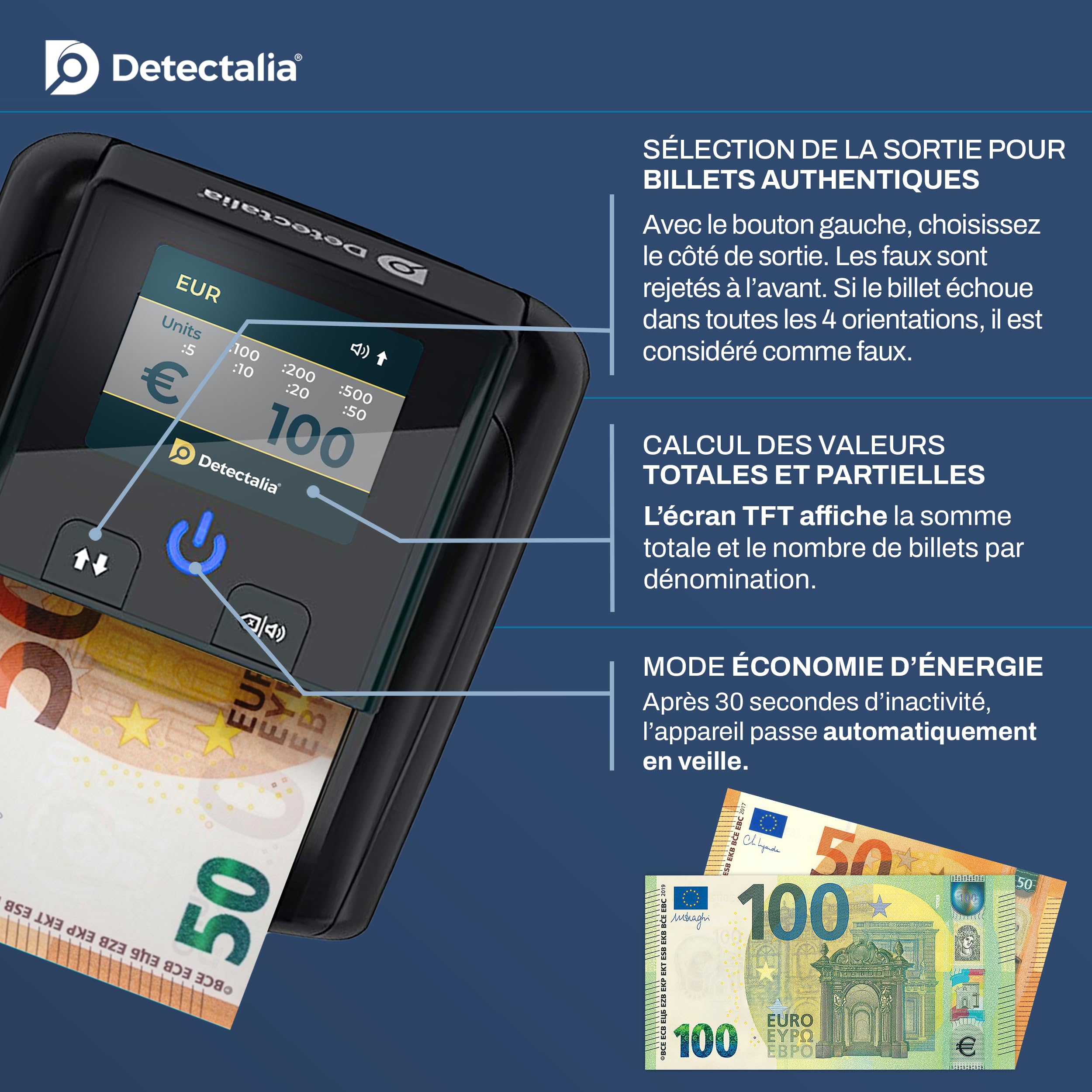 Detectalia D7T+ Détecteur de Faux Billets avec détection 100% et 5 systèmes de détection pour 3 devises EUR, GBP, USD et écran TFT