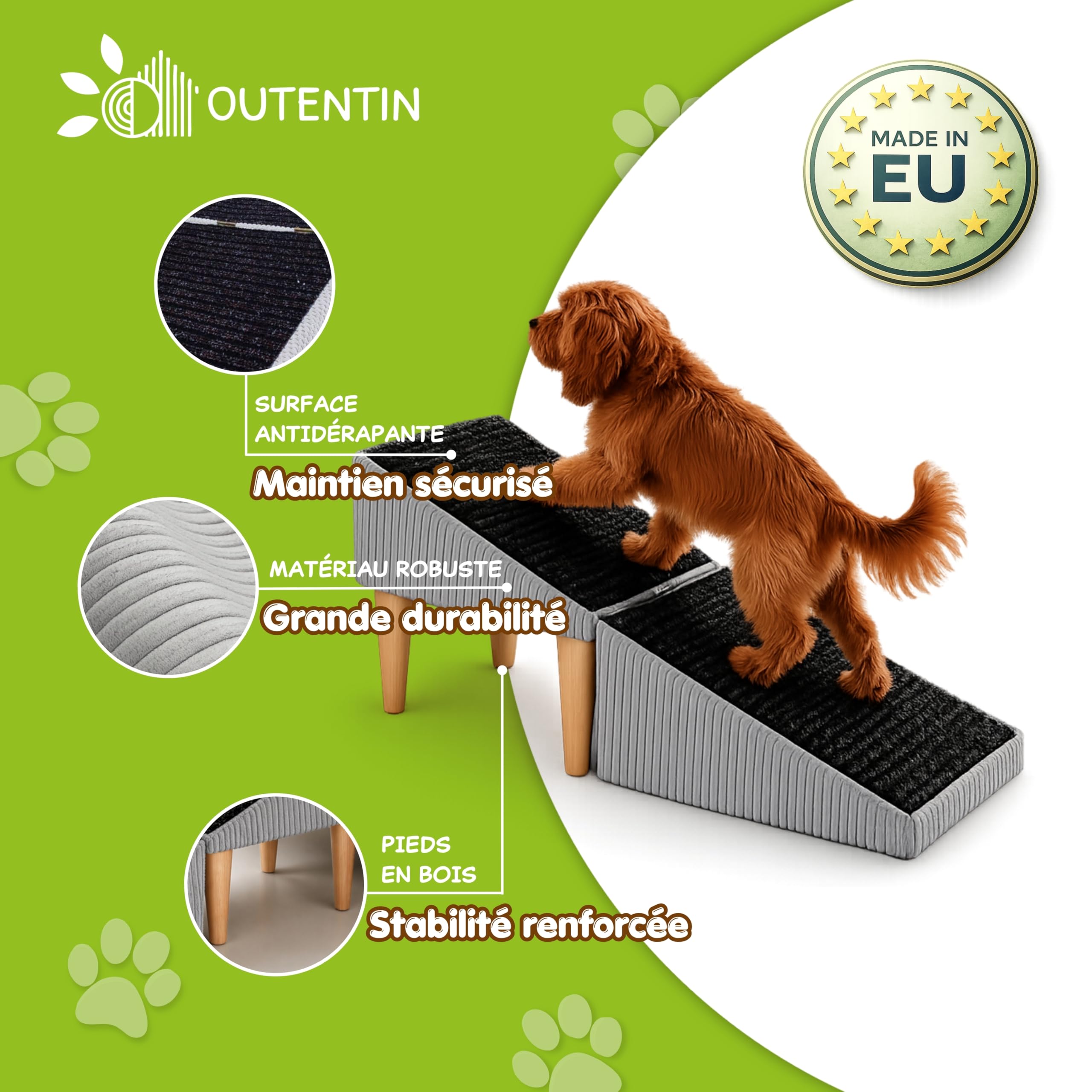 Siège & Escalier pour Chien Antidérapant 2 en 1 – Rampe et Marches pour Chiens & Chats Âgés – Marche ou Fauteuil – Mobilier Pliable et Esthétique pour Intérieur - 36 cm de Hauteur, Effet Cuir, Beige