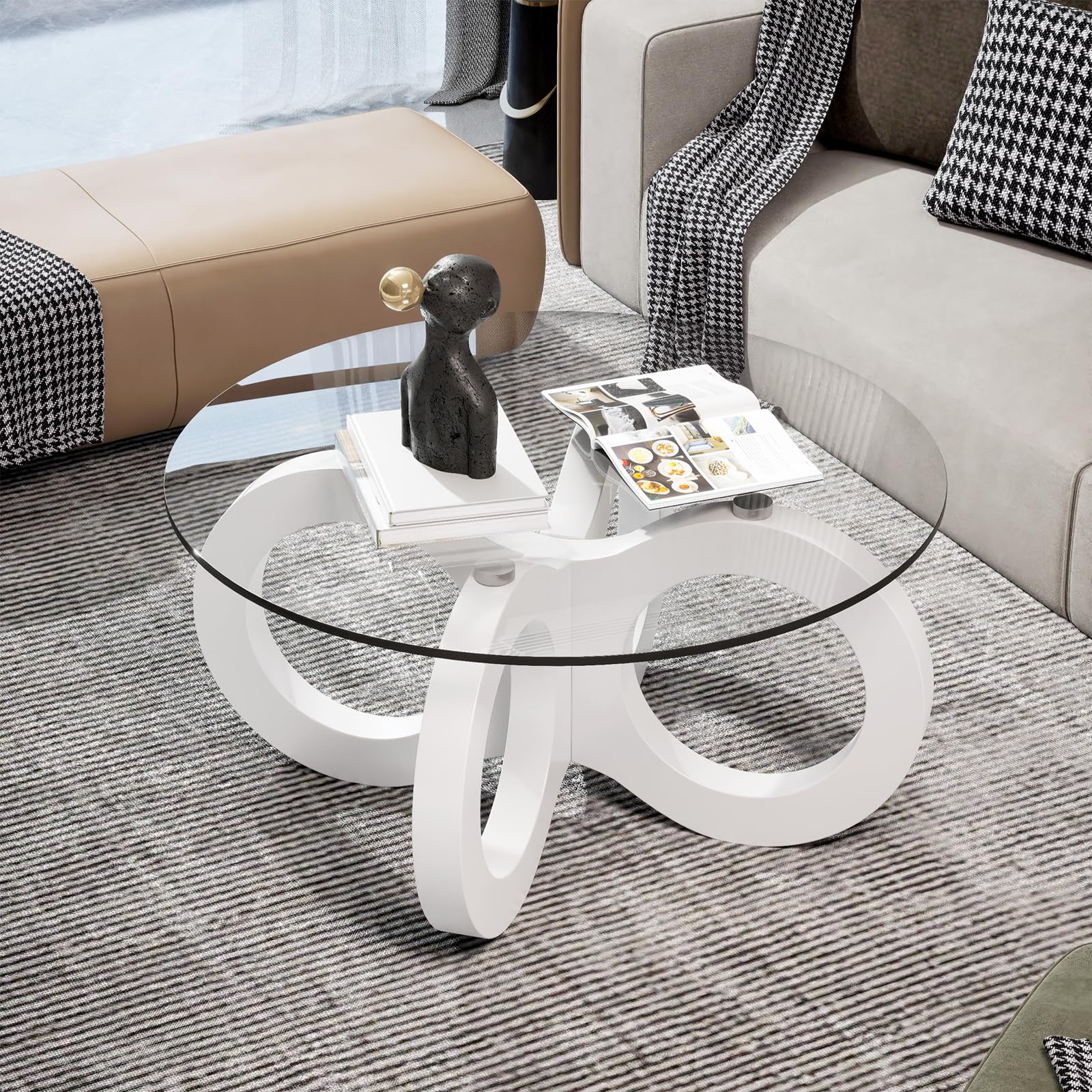 TWSOUL Mesa de centro de cristal, mesas de centro redondas, elegante mesa de cristal con estructura curvada, mesa de salón moderna, mesas de centro de lujo, 80 cm, para salón (patas blancas)