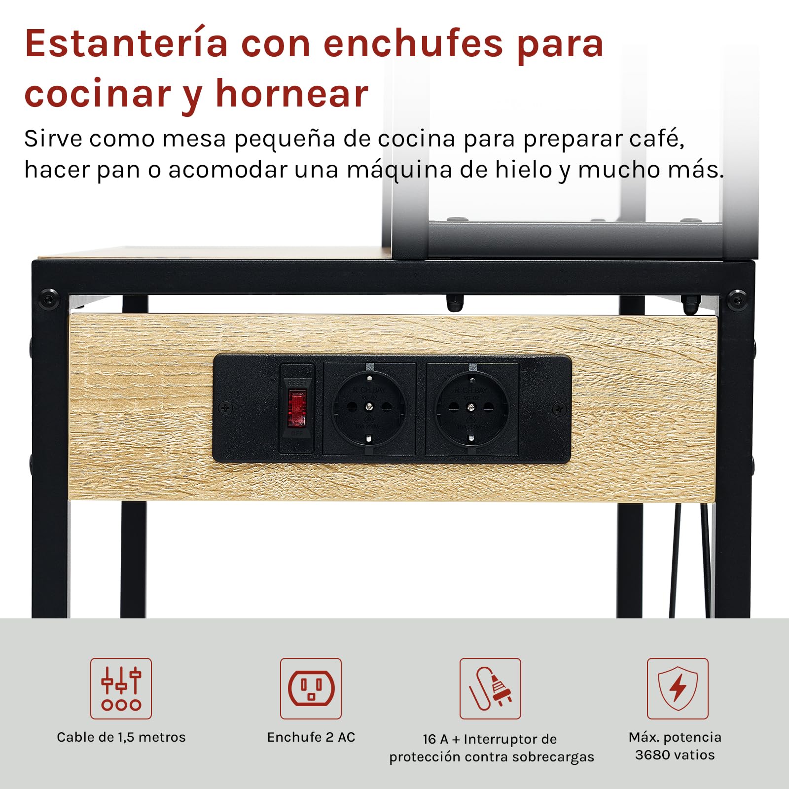 WOLTU Estantería Cocina con Enchufes, Soporte para Microondas con 6 Estantes y 6 Ganchos, Estanteria Almacenaje para Cocina Baño Salón, Metal+Madera, Negro+Roble Claro, 60x39,5x167 cm