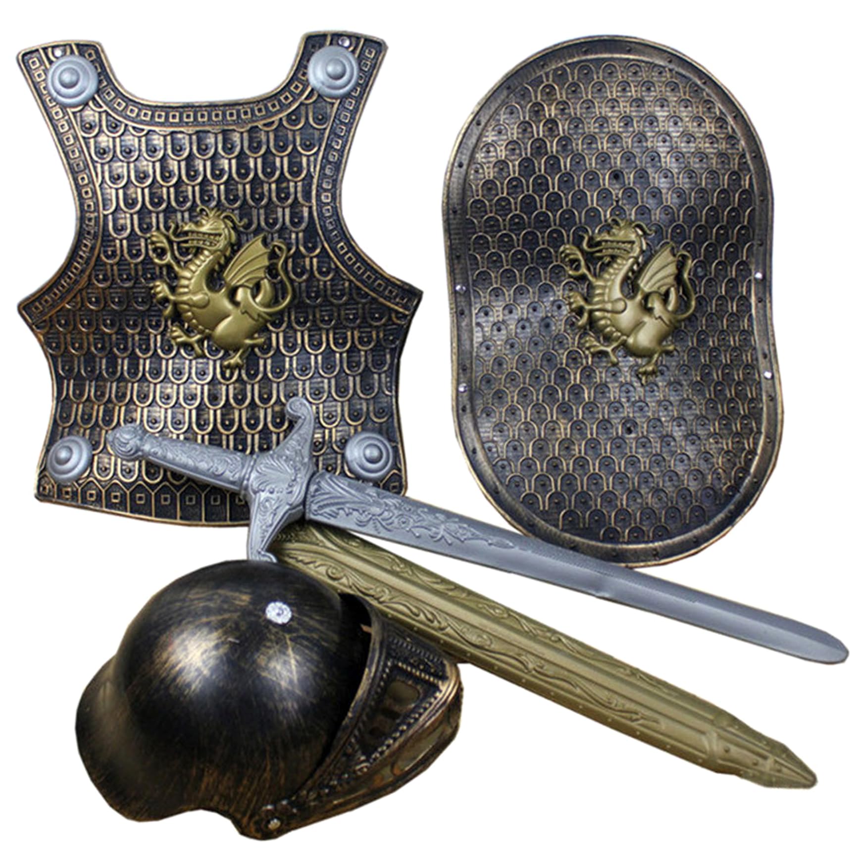 4Pcs/Set Knight Costume Kids Plastic Knight Armor with Helmet Sword and Shield for Kids for VBS Themed Parties Dress up Role Playing