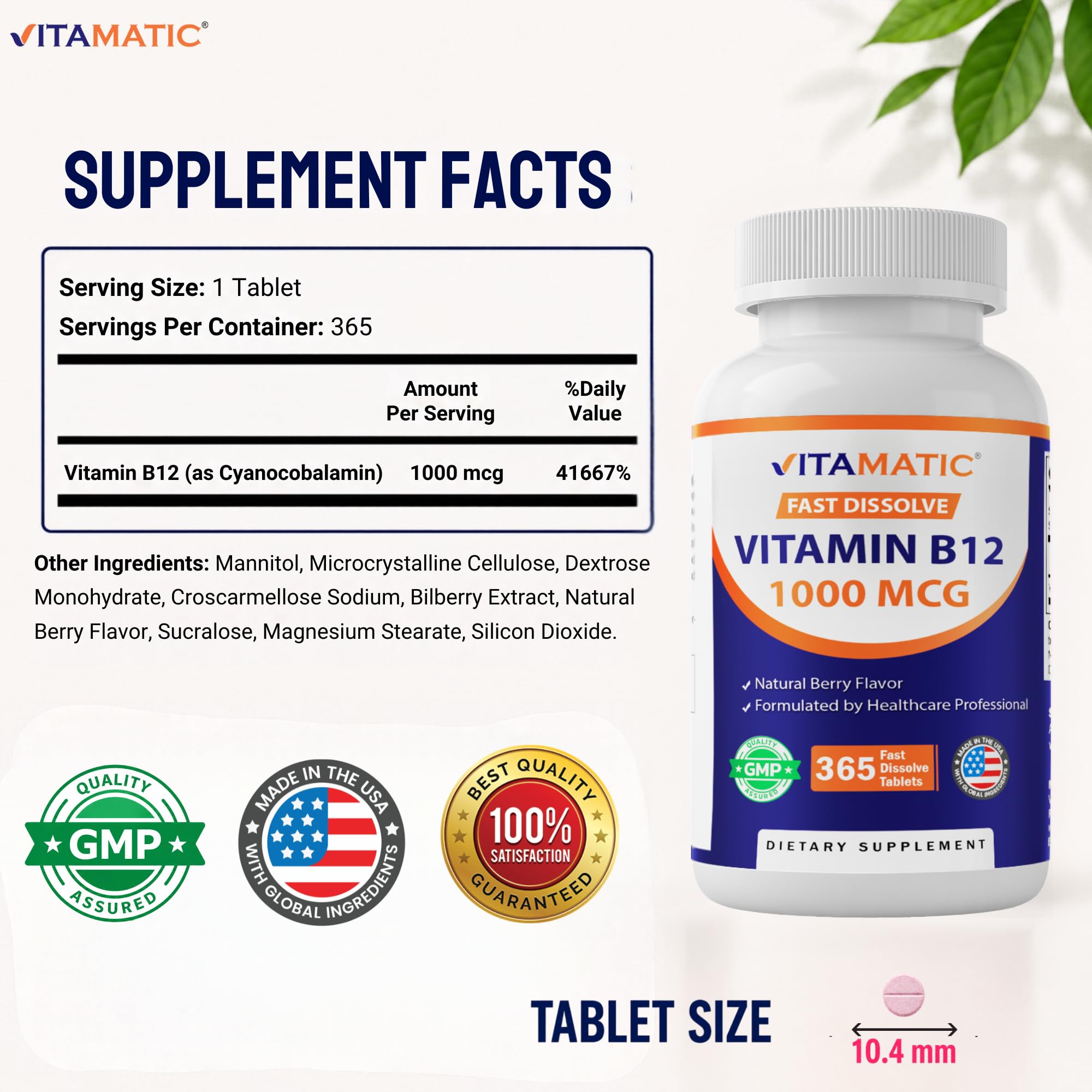 Vitamatic Vitamin B12 1000 mcg, 365 Fast Dissolve Tablets - 2 Pack — Amazon image 2