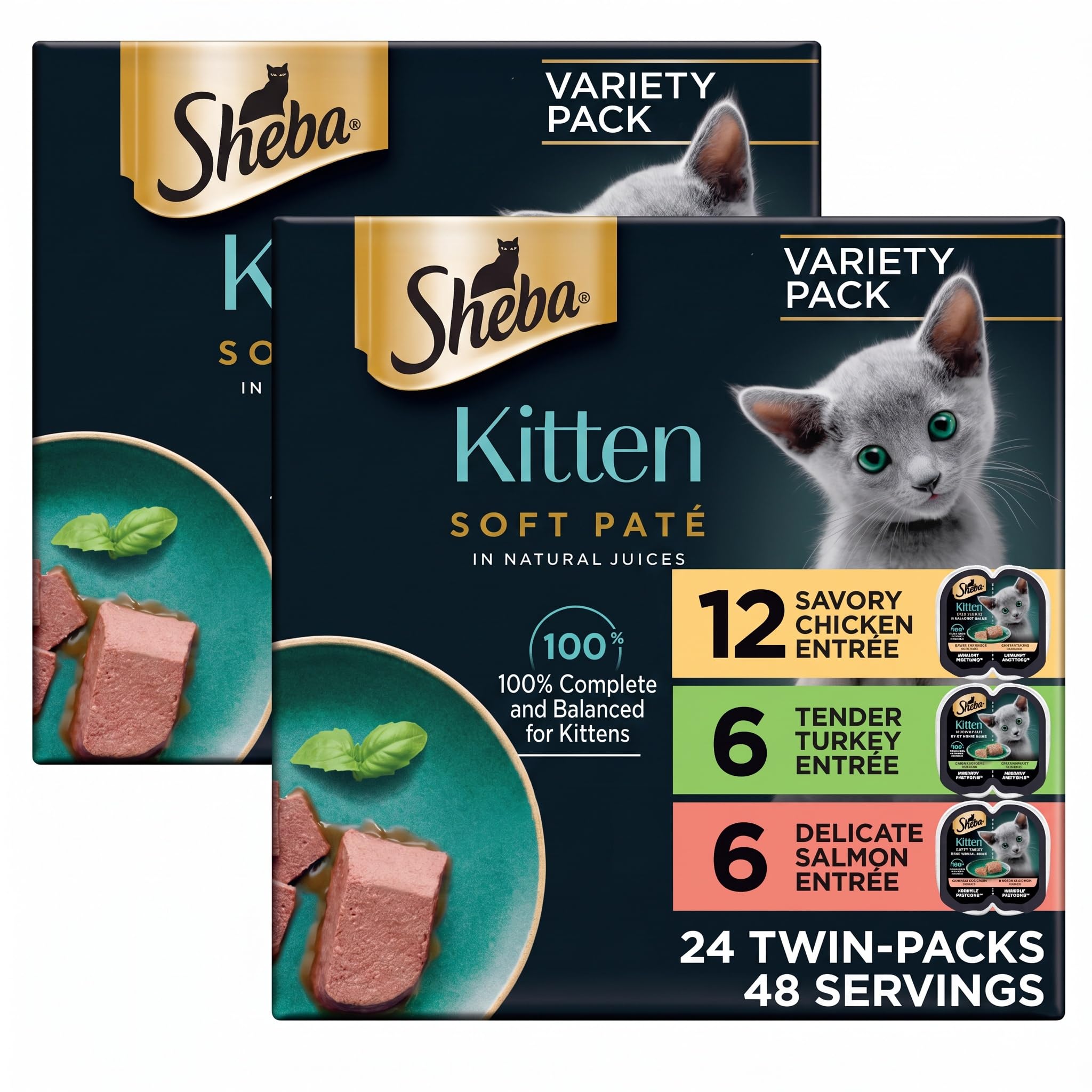 Sheba Perfect Portions Kitten Wet Cat Food Pate Chicken Entree, Salmon Entree, and Turkey, 2.6 oz. Twin-Pack Trays (, 48 Servings), 24 Count (Pack of 2)