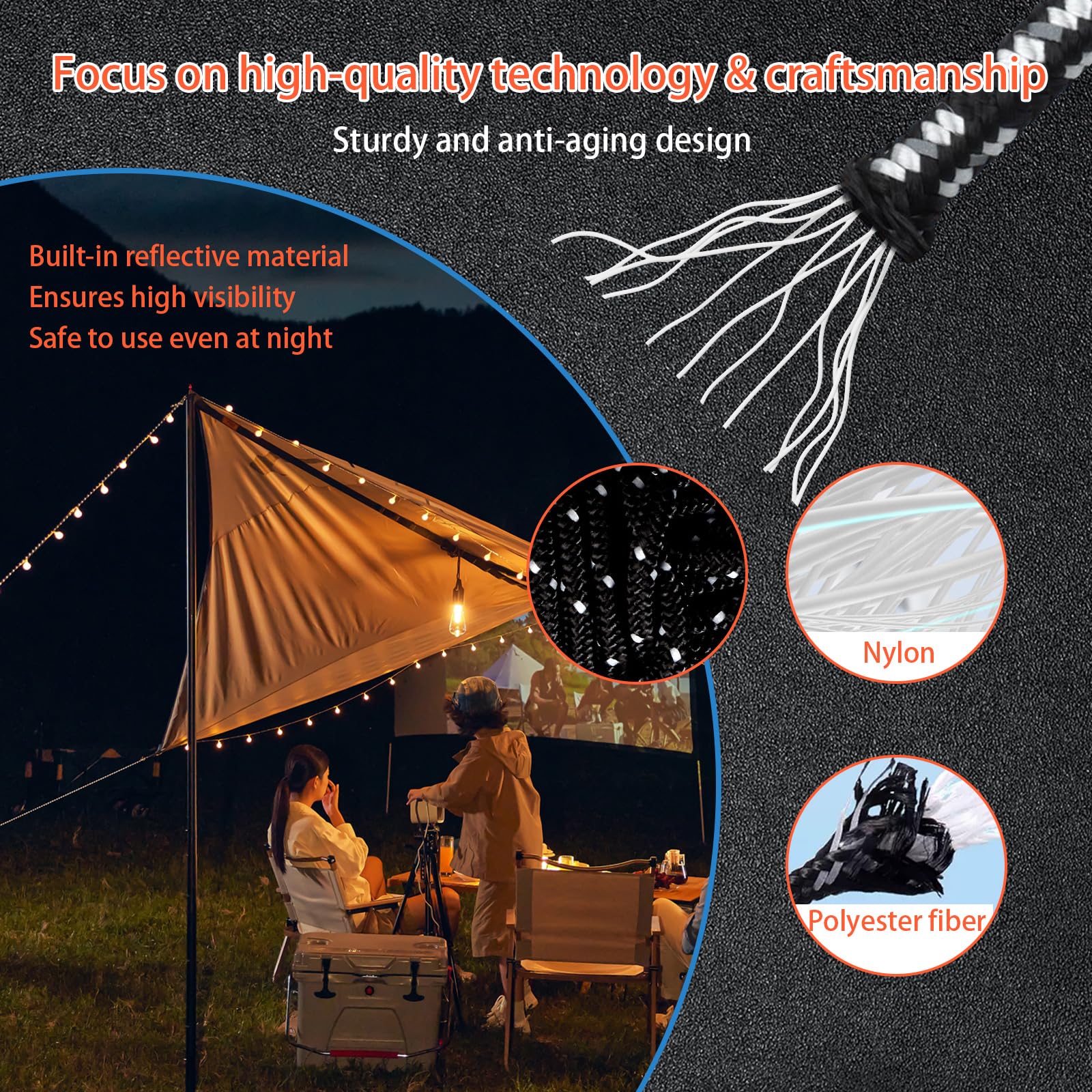 Wind Tour Lightweight Tent Guy Lines With Aluminum Tensioners, 6-Pack In Black_desvips.com