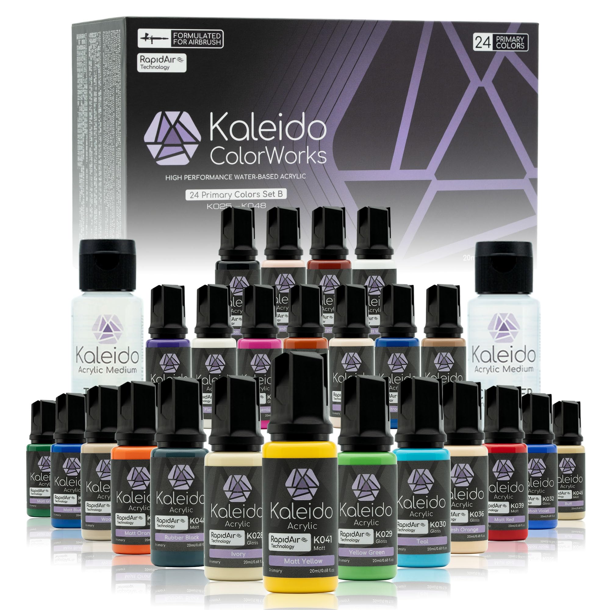 Gaahleri Kaleido Primary 24-Color Set B – Pintura acrílica para aerógrafo, prediluida, brillante, con diluyente y limpiador