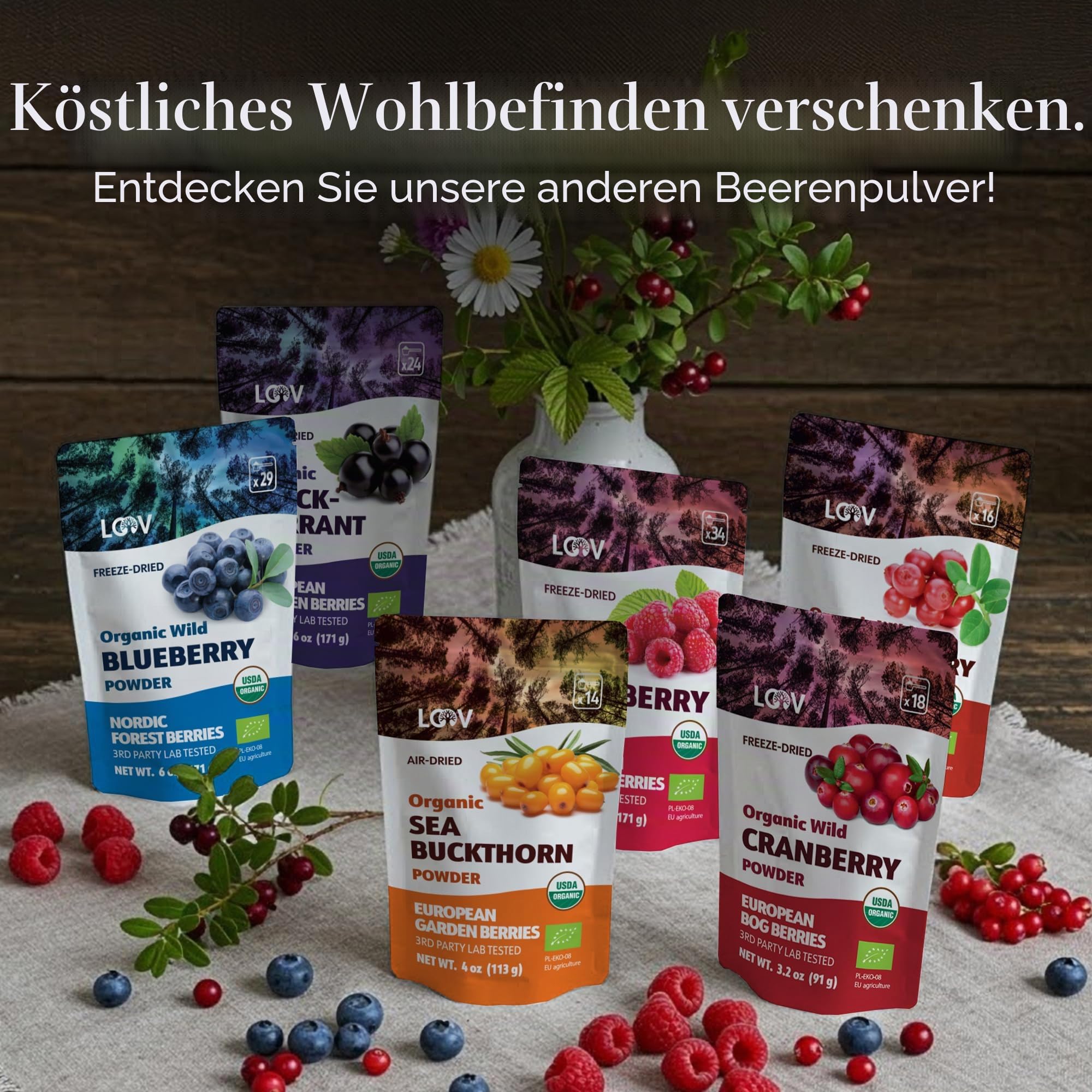 LOOV Bio-Wildheidelbeerpulver – 41-Tage-Vorrat, 250 g, ideal für Smoothies & Frühstück, gefriergetrocknet, aus Nordeuropa, ohne Zuckerzusatz