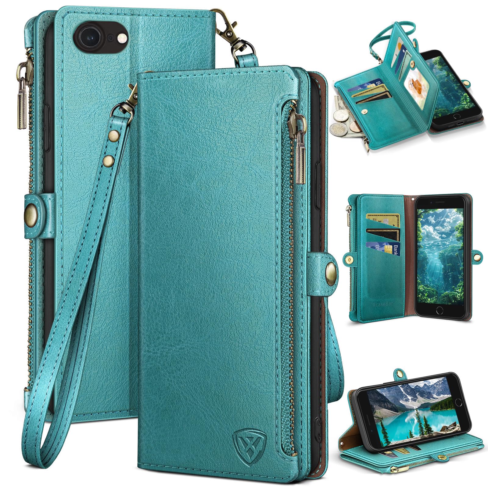 XcaseBar for iPhone SE 3rd/7/8 Wallet case with Zipper Credit Card Holder【RFID Blocking】, Flip Folio Book PU Leather Phone case Shockproof Cover Women