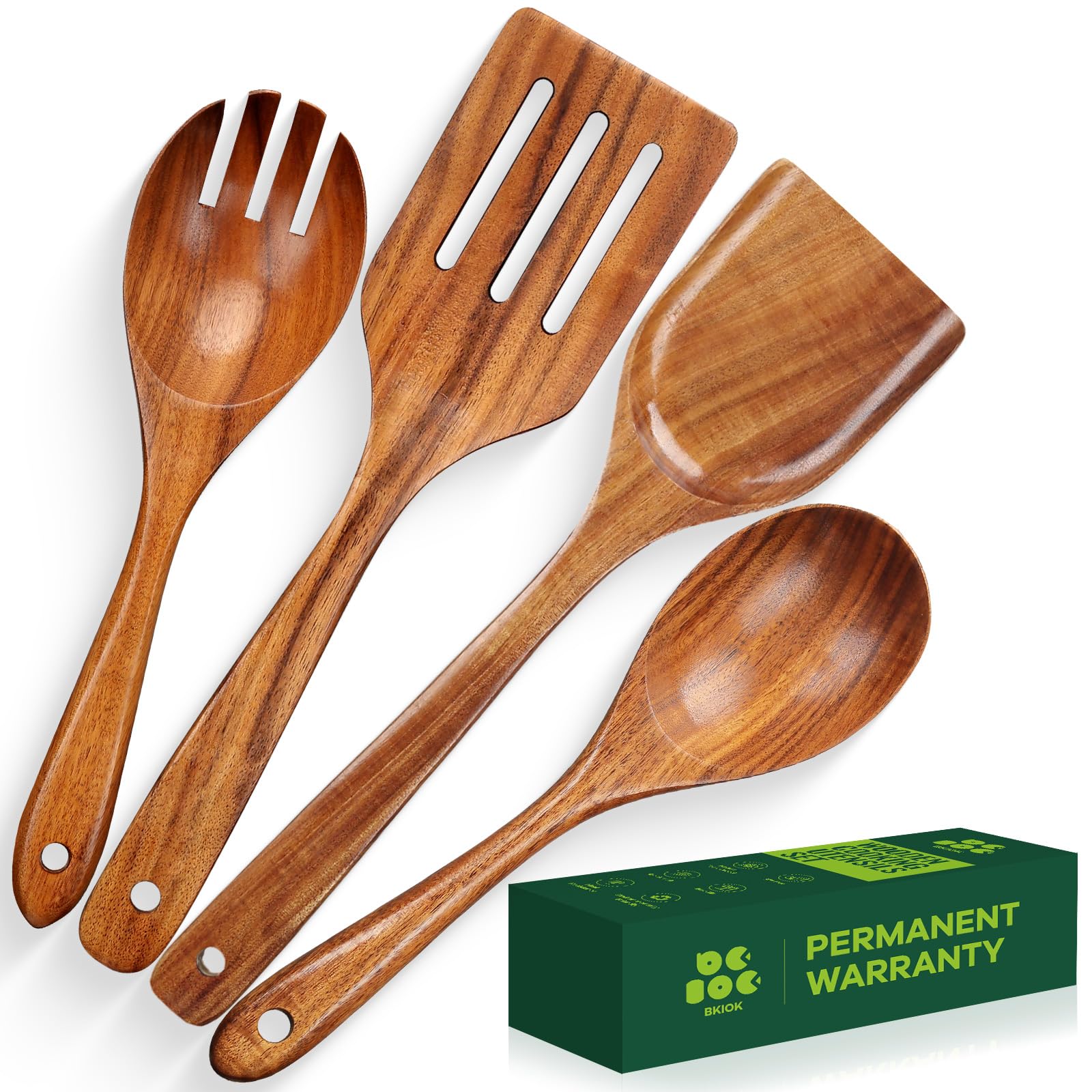 Bkiok Holzlöffel zum Kochen, Küchenutensilien-Set aus natürlichem Teakholz, für antihaftbeschichtete Pfannen, hitzebeständiger Holzspatel und Salatgabel (4-teiliges Set)
