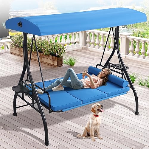 Grepatio Columpio de porche al aire libre con toldo y soporte, columpio de patio para 3 personas para adultos, columpio convertible 2 en 1 con