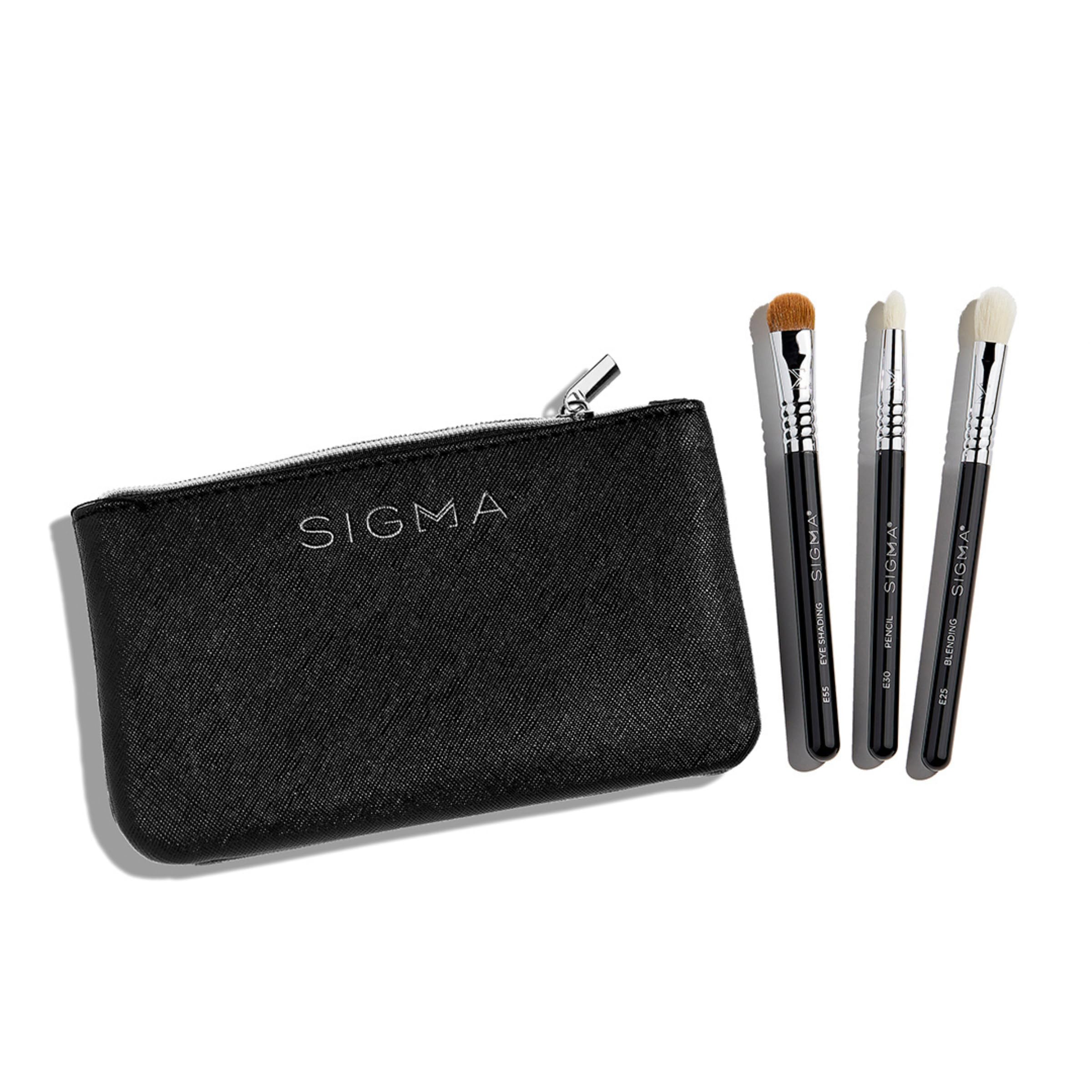 Sigma Beauty Glam 'N Glow - Set di 3 mini pennelli per occhi, ombretto, doppio e sfumatura, elegante astuccio nero (4 pezzi)