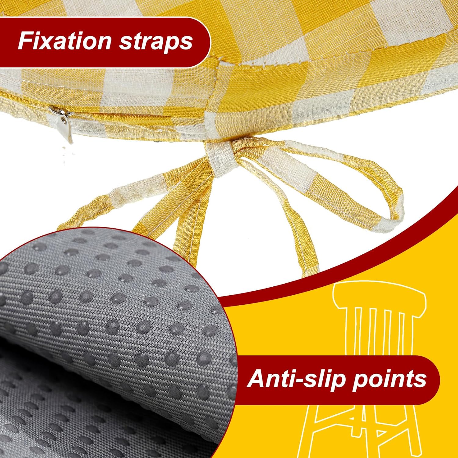 Geetery 4 Pack D-shaped Checkered Chair Cushion for Dining 17"x16"x2" Thick Buffalo Plaid Nonslip Chair Pad with Ties and Removable Cover for Home Outdoor Patio Room Indoor Seat Cushion (Yellow White)