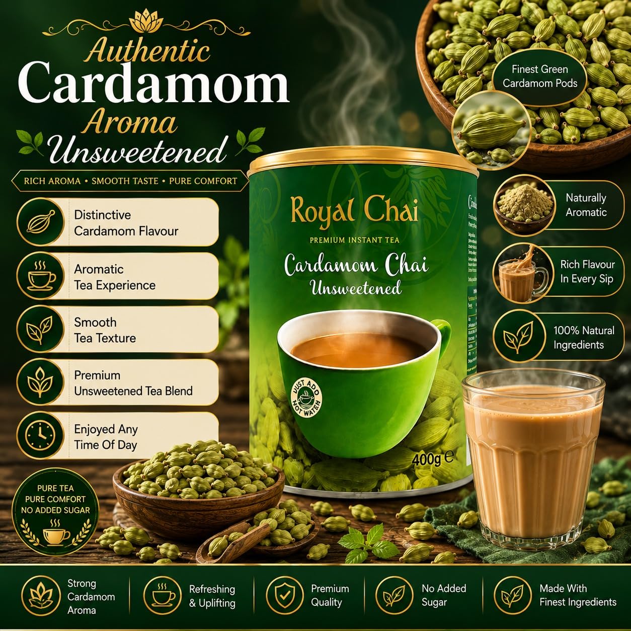 Royal Chai Elaichi ungesüßte Dose 400g (6 Stück) - Premium Instanttee - Kardamom Tee - Natürlich - Sofortkardamom Indianer Tee