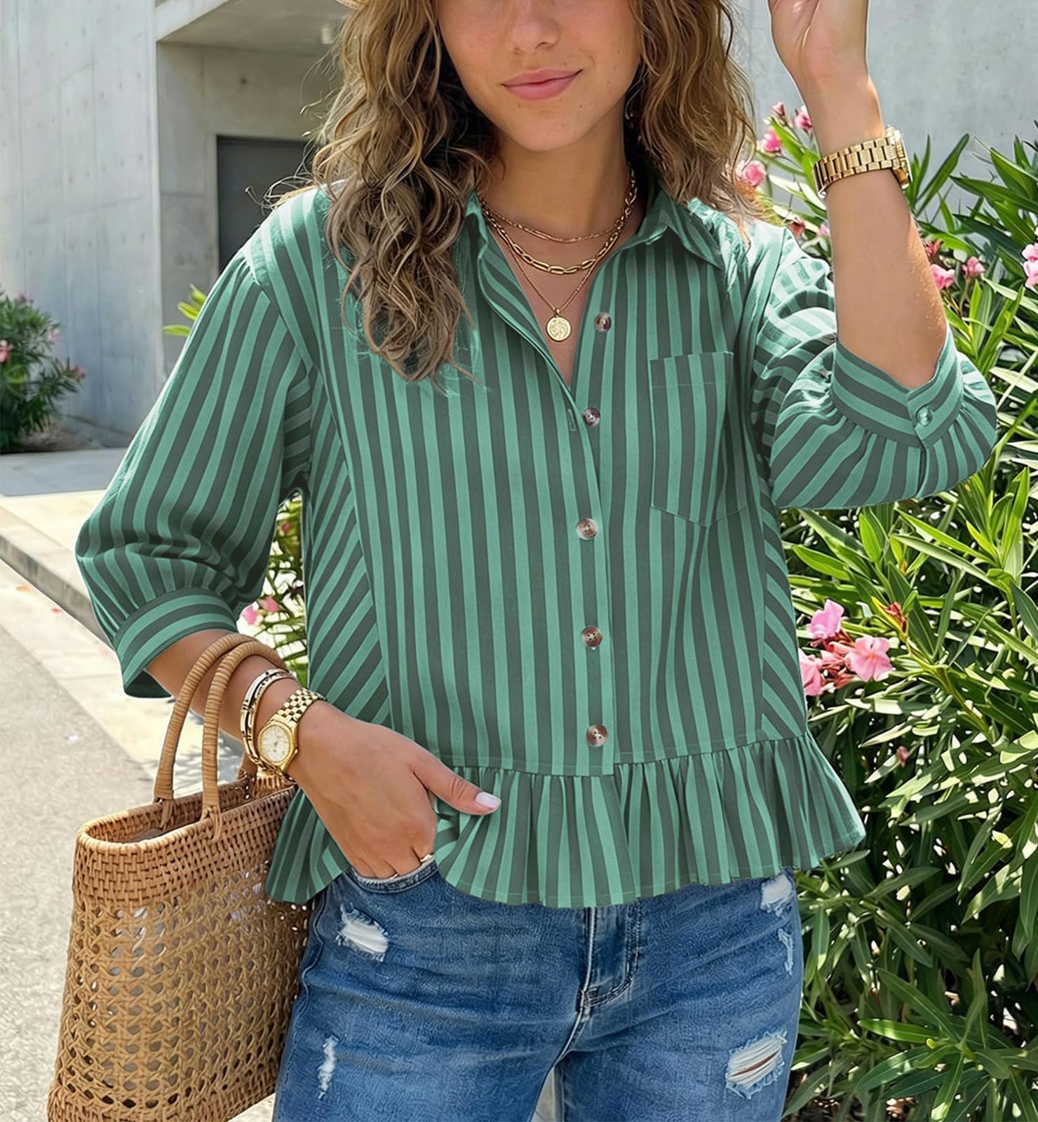 Camicie da donna con bottoni, stile boho, a righe, maniche a 3/4, orlo increspato, ampio, elegante, casual, elegante, lavoro, ufficio