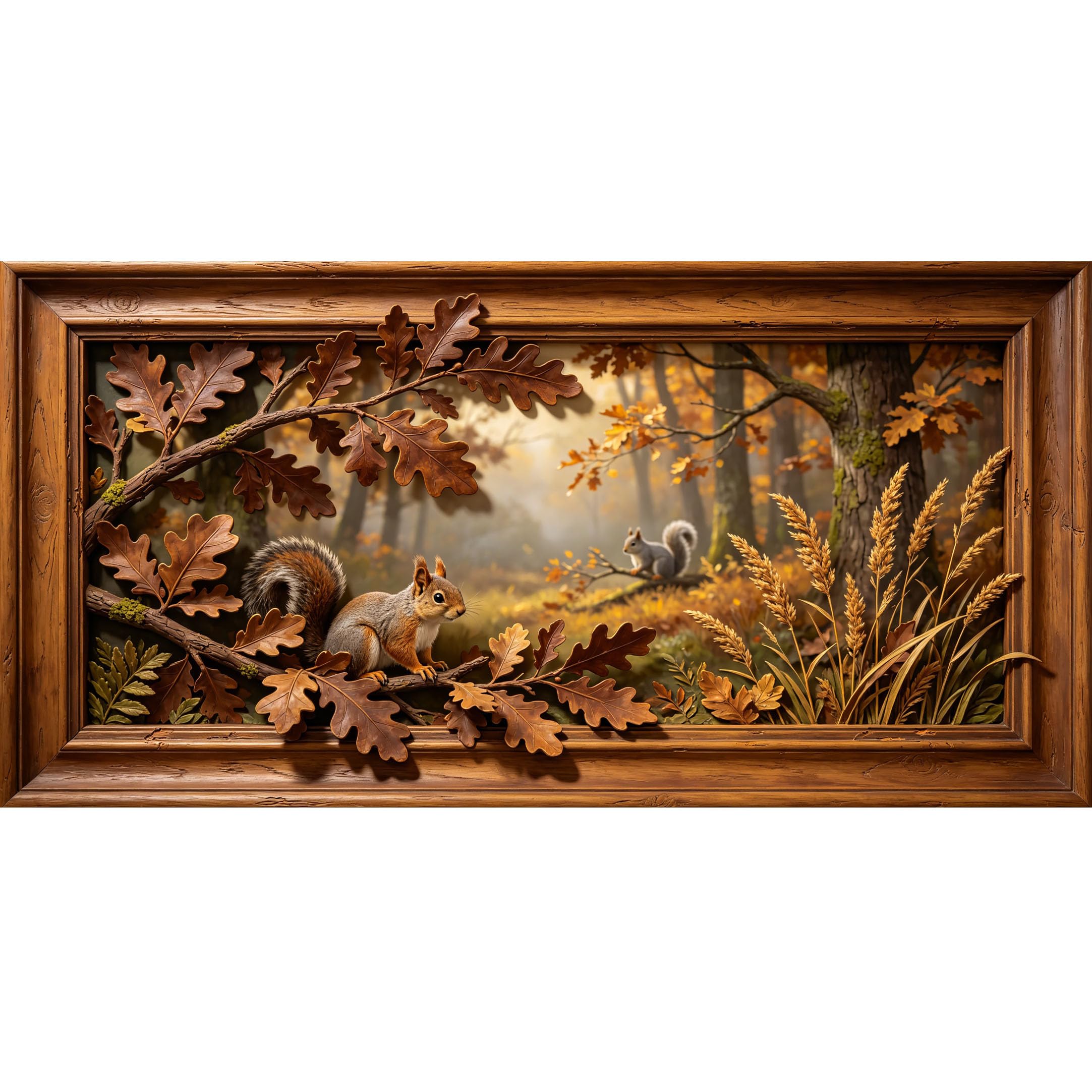 Agglomerix 3D Framed Wall Art Autumn Forest Squirrel Oak Leaves Woodland Rustic Relief Large Size Self-Adhesive Removable Wall Decor Prints Artwork for Living Room Bedroom Office