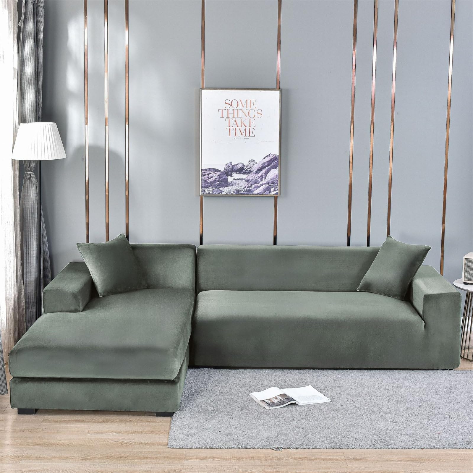 Odot Sofa Cover,Stretch Silver Fox Velvet Sofa Cover 1 2 3 4 Seater,Breathable Soft Sofa Slipcovers,for Corner Sofa Cover L Shape,Couch Cover Non Slip Furniture Protector Cover (Gray green,4 Seater)