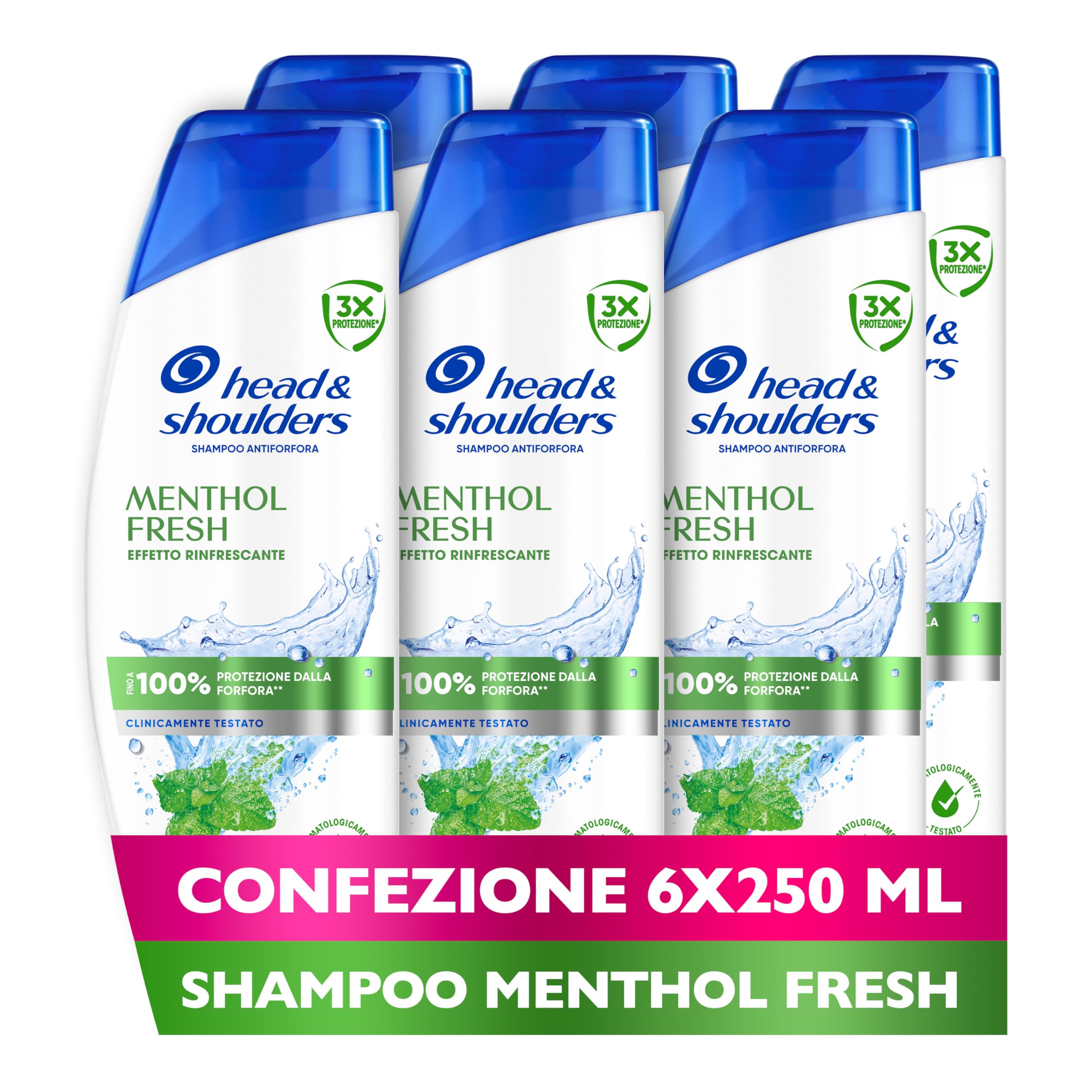 Head & Shoulders Menthol Fresh Shampoo Antiforfora 250ml Formato Convenienza X6, Uso Quotidiano. Fino al 100% Protezione dalla Forfora. Clinicamente Testato. Tutti i Tipi di Cute e Capelli
