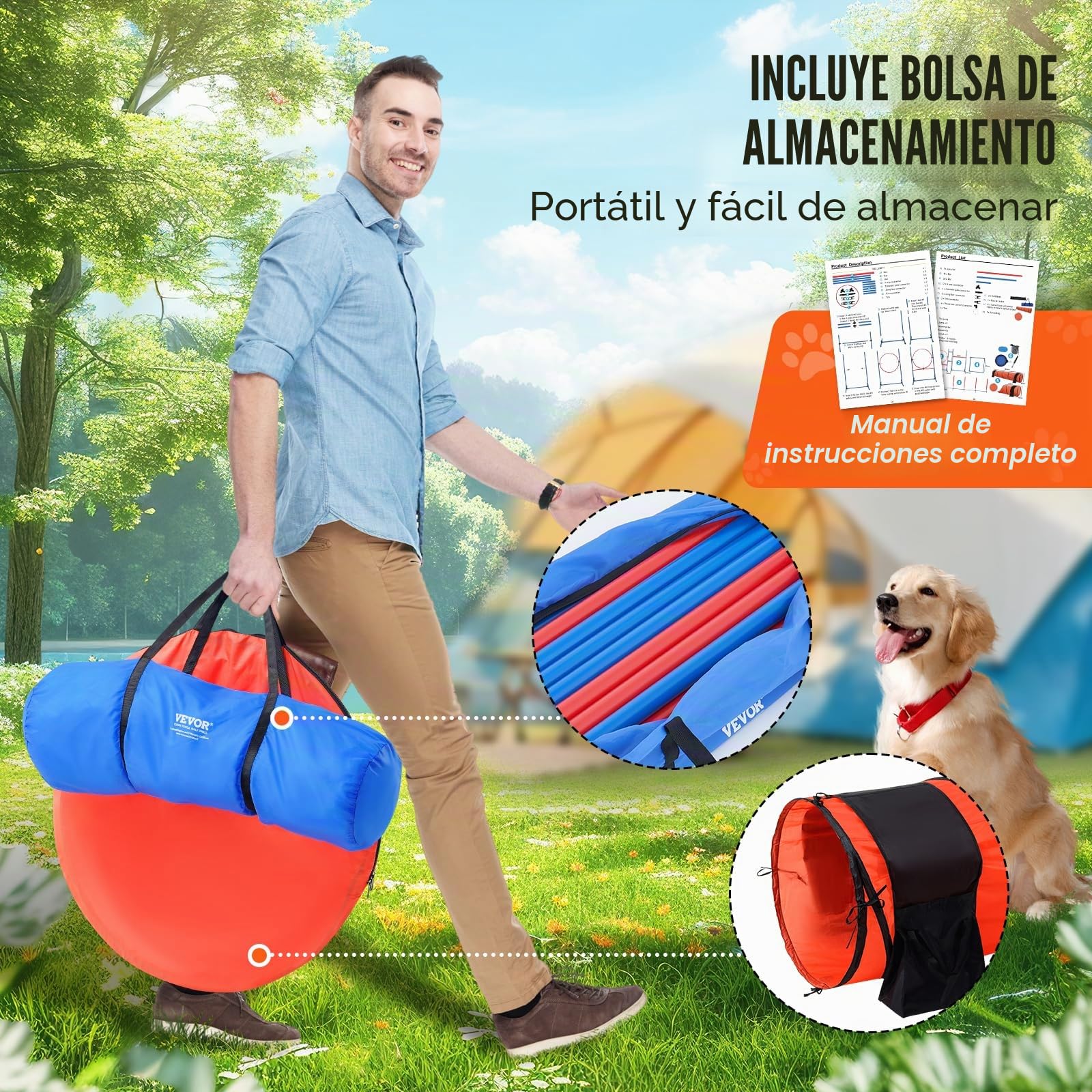 VEVOR Kit de Equipo de Entrenamiento de Agilidad para Perros 7 Piezas Carrera de Obstáculos para Cachorros con Vallas Altas Ajustables 6 Postes Túneles Arco de Salto Caja de Descanso Silbato Cuenco