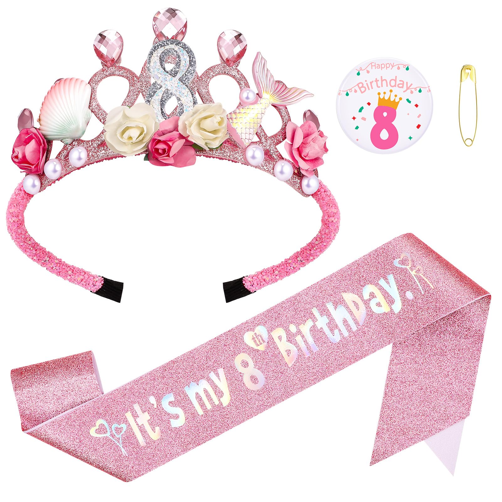 GSrenyu 8th Birthday Decorations for Girls,Mermaid Themed Birthday Girl Headband Tiara,Birthday Girl Sash & 8th Birthday Badge,8th Birthday Party Accessory Set