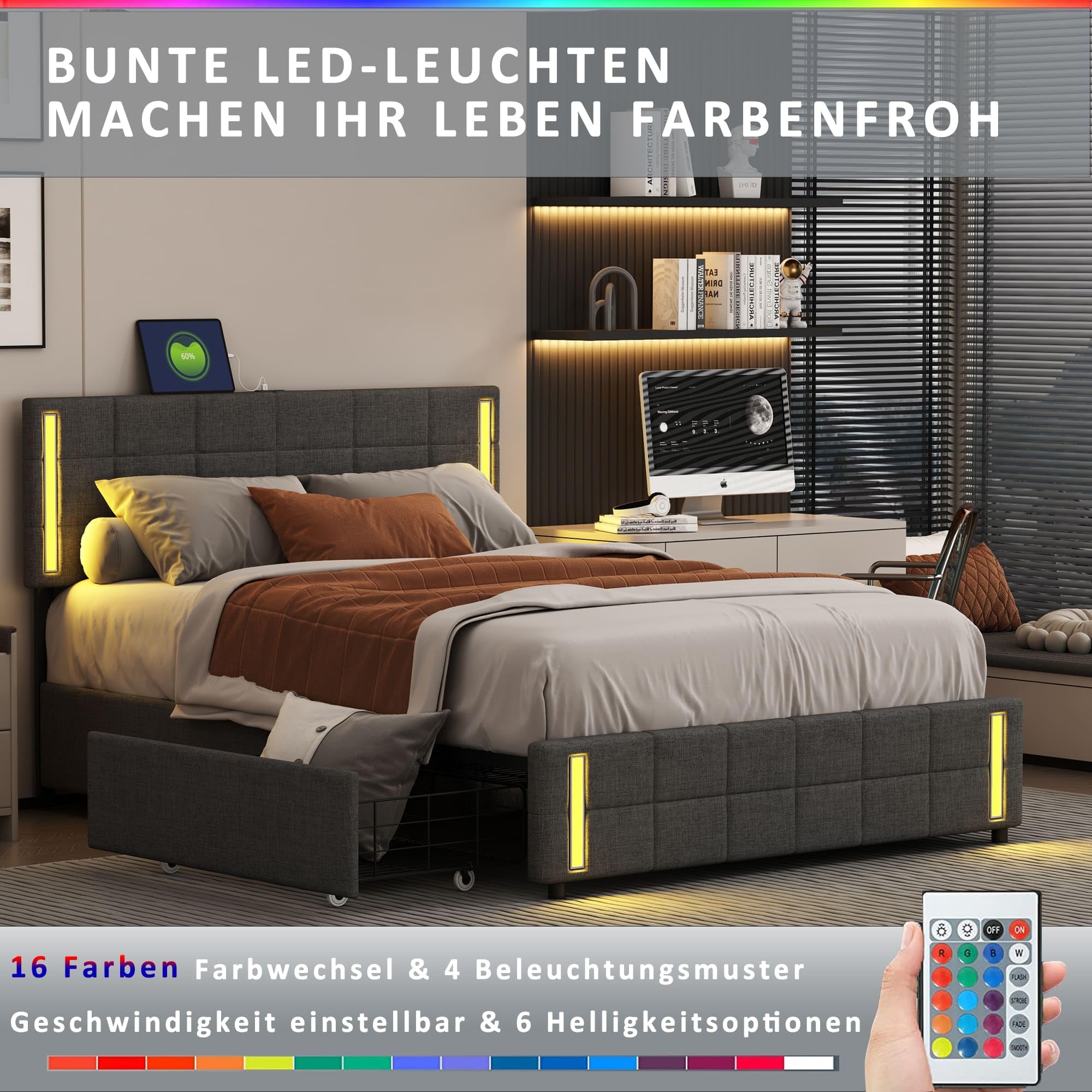 Lit double capitonné ,avec quatre tiroirs, tête de lit réglable en