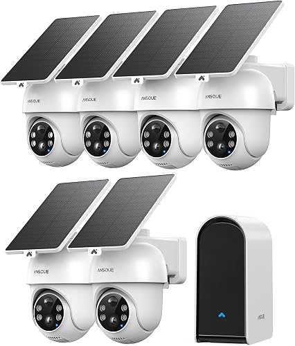 ANSQUE Security Cameras Wireless Outdoor Home System, 6 Camera Kit, No Subscription Fees, Solar Powered, Local Storage, 365-Day Battery Life, 360°PTZ Surveillance, Auto Tracking, 2K Color Night Vision