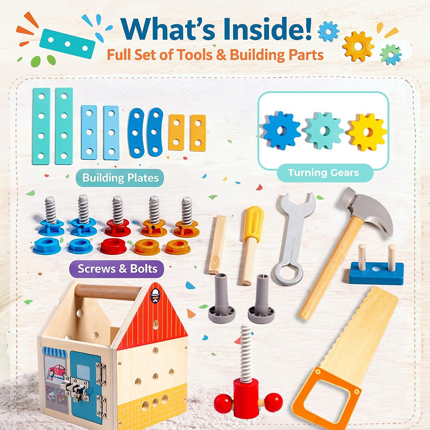puzgic Educational Stem Kid Toys – Wooden Tool Set 4-in-1 Activity Board with Latches, Screw Assembly, Gear Game & Storage – Pretend Construction Toy for 3, 4,5,6,7 Years Boys & Girls