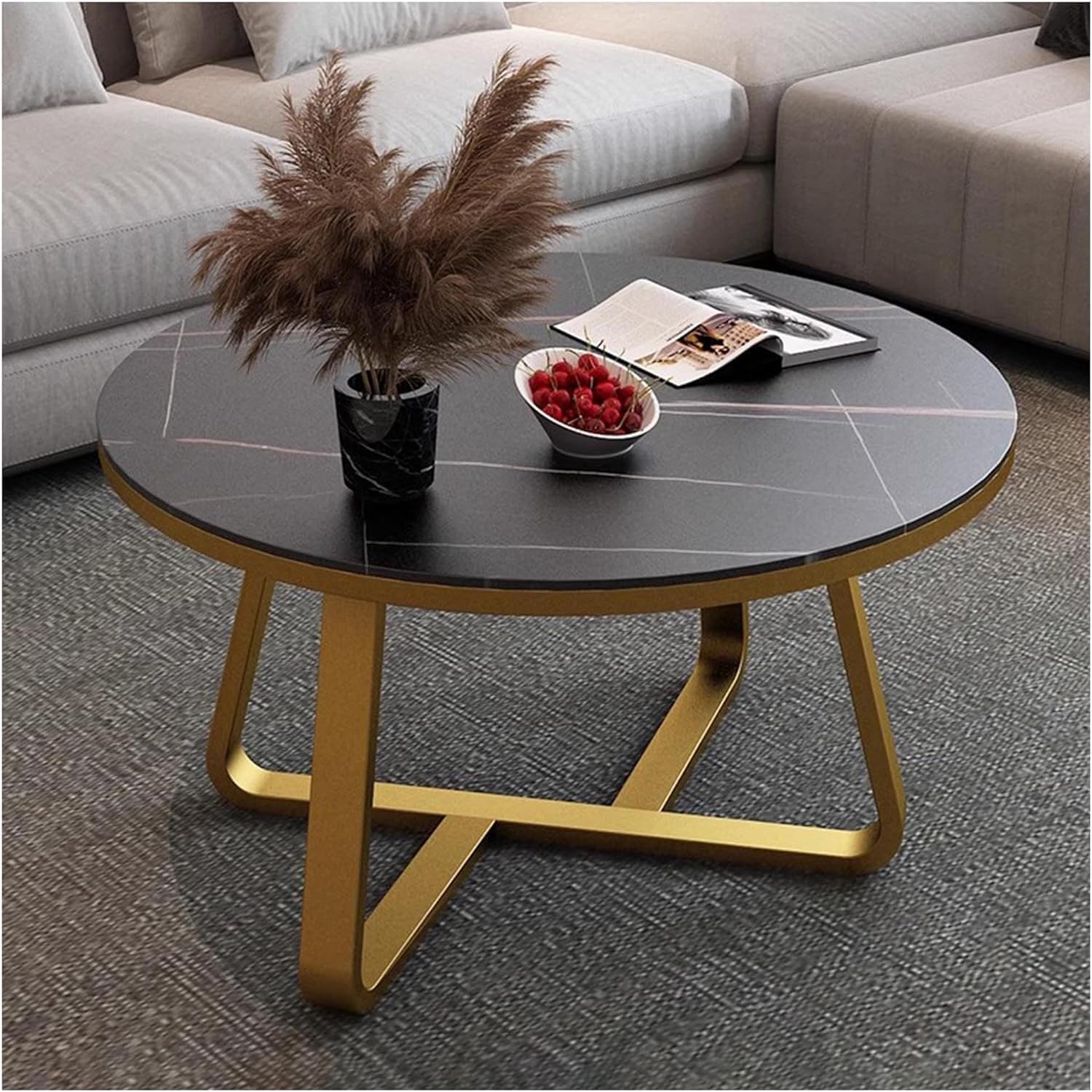 Modern Round Coffee Table with Faux Marble Top and Gold Metal Frame Contemporary Center Table for Living Room, Small Space Accent Cocktail Table Apartment, Office (Golden Black)-image-5
