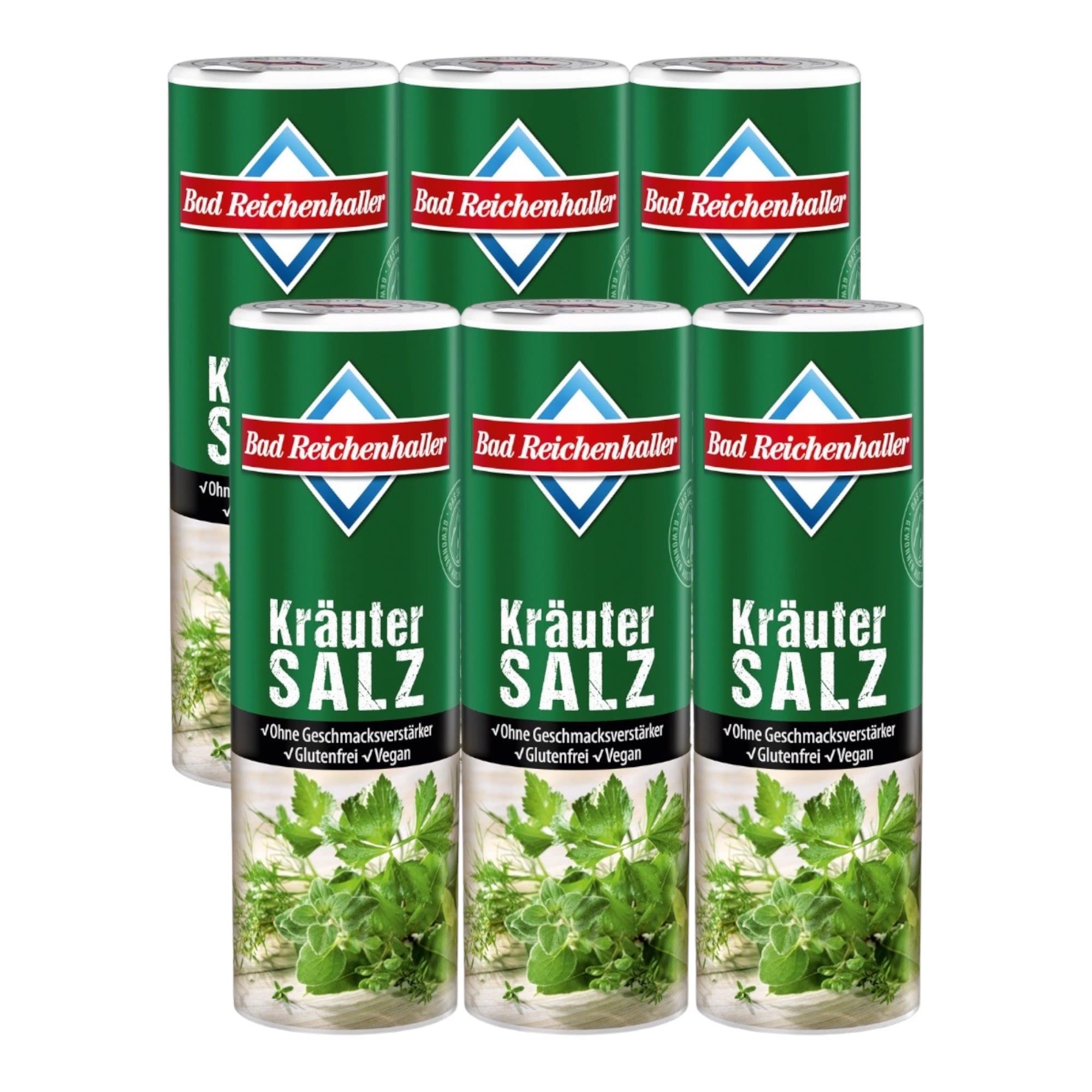 Bad Reichenhaller Kräutersalz 6 x 300g Dose | Großpackung Vorrat insgesamt 1800 g | ohne Geschmacksverstärker Glutenfrei | verschiedene Kräuter vegetarische und vegane Küche geeignet