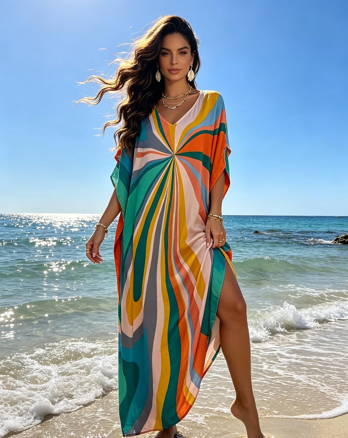 RanRui Floral Print Kaftan Dresses for Women Ethnic Boho Print swim cover up Batwing Sleeve Vneck Caftans