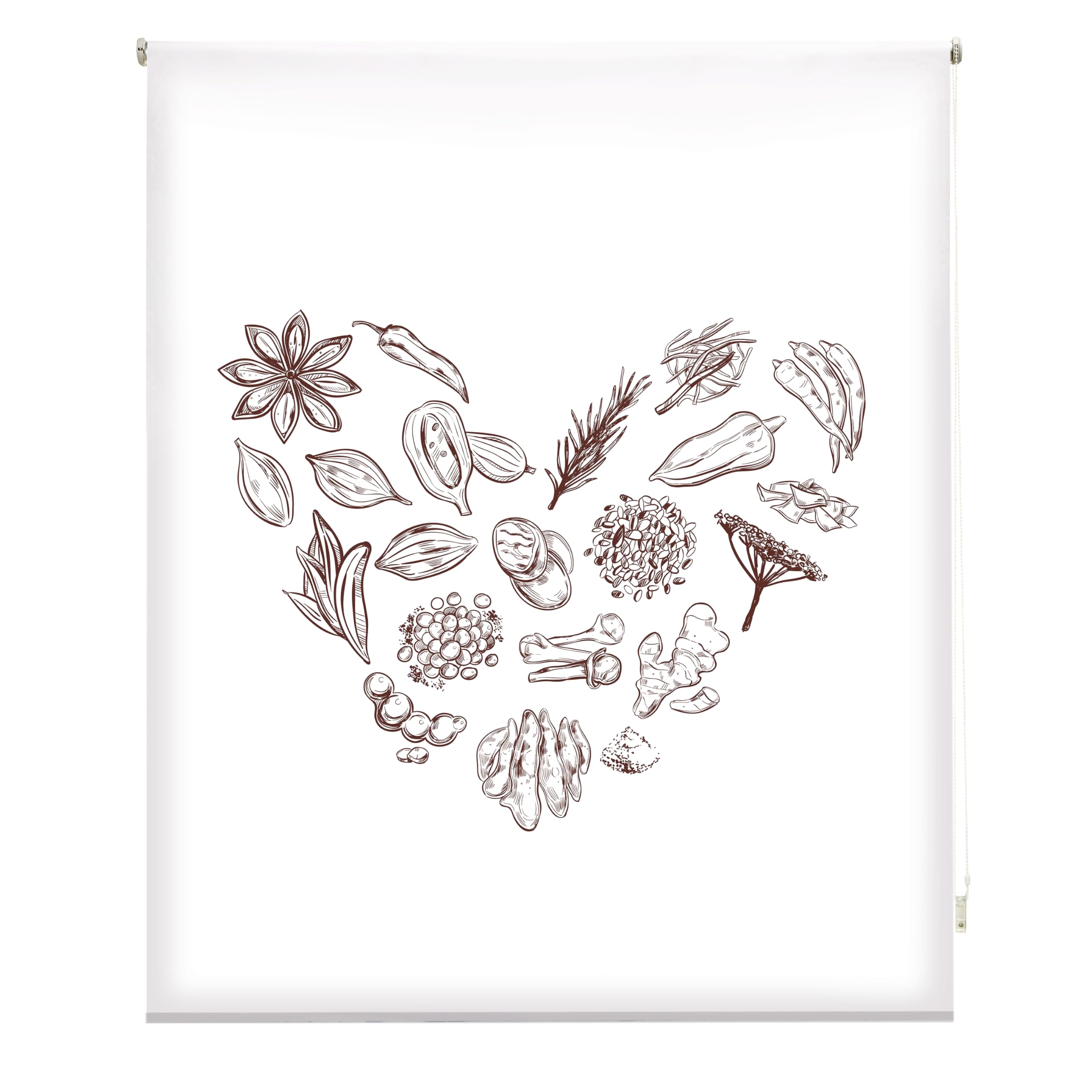 Blindecor Digital | Estor Enrollable Translúcido Estampado |Familia Cocina| Modelo C-HEARTSPICE | 110 x 180 cm (Ancho por Alto) Tamaño de la Tela 106 x 175 cm | Estores para Ventanas
