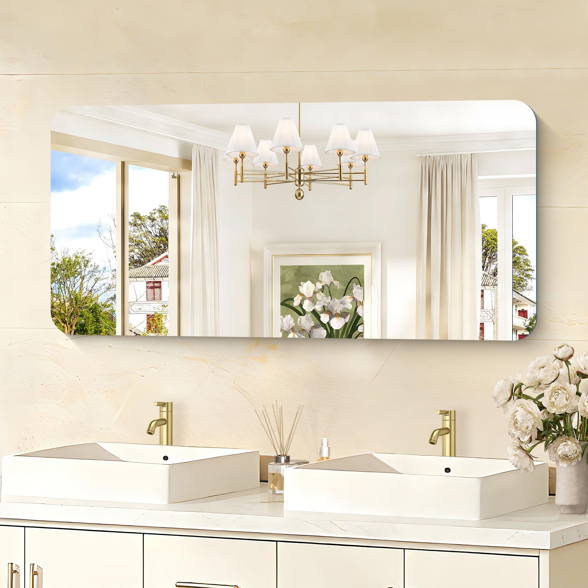 KOCUUY Rechteckiger rahmenloser Badezimmerspiegel, 120 x 60 cm Wandspiegel, Spiegel mit Shatterproof Glas, HD Reflexion, Abgerundeten Ecken, geeignet für Badezimmer, Schlafzimmer oder Ankleidezimmer