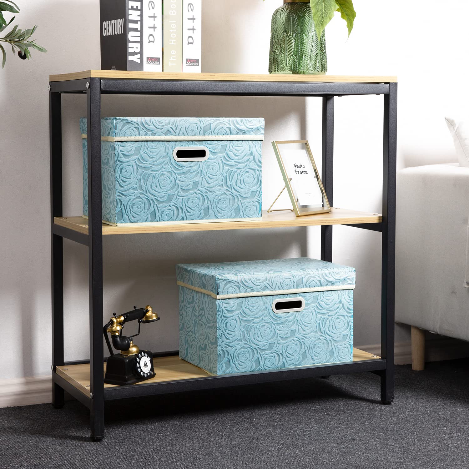 PRANDOM Aufbewahrungsbox mit Deckel,Rosenmuster Stoff Aufbewahrungskörbe,Dekorative Stapelboxen,Würfel,Faltbare Organizer,Boxen,Behälter,Blau(3 Stück) 38x25x25cm,Schlafzimme,Schrank | Faltbare Stoff Dekorative Aufbewahrungsbox, Würfel Organizer Behälter K