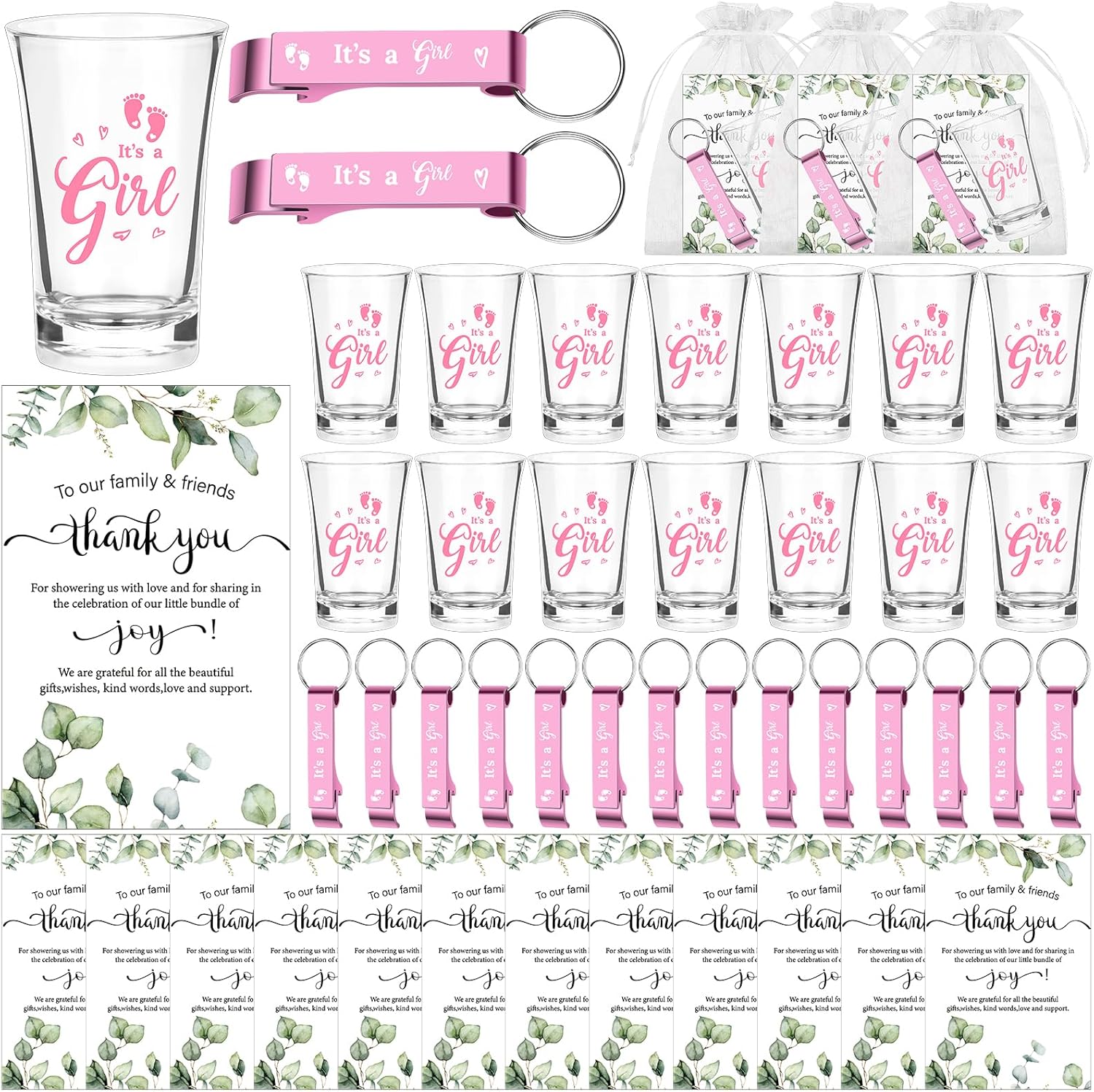36 Sets Baby Shower Favors Shot Glasses It's a Boy Acrylic Shot Glasses with Bottle Opener Keychain Card Organza Bag Boy Girl Theme Party Thank You Return Gift for Guests Gender Reveal