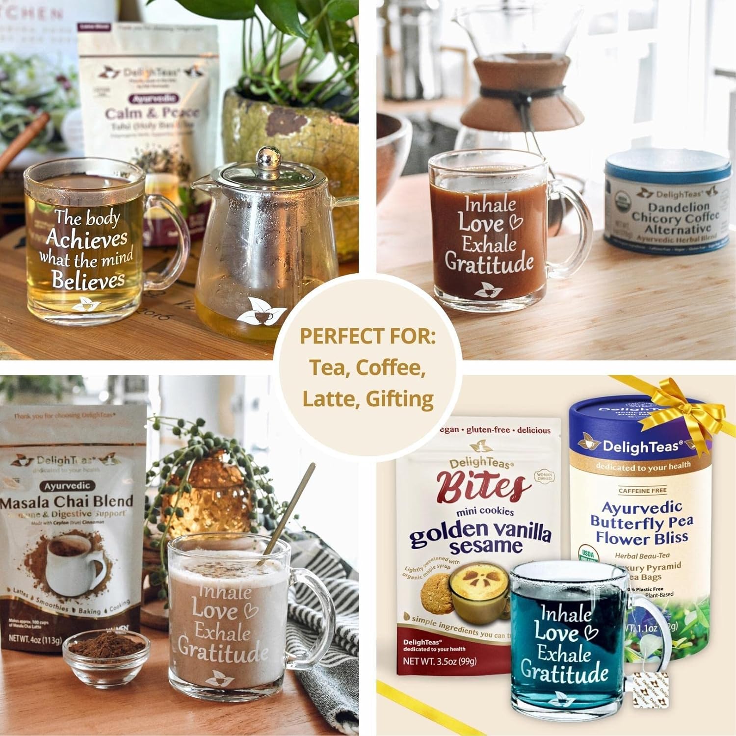 DelighTeas Organic Masala Chai Powder with Inspirational Tea Mug | Ayurvedic Spices for Chai Tea Latte, Smoothie, Cooking | Unsweetened, Vegan, Non-GMO, Keto