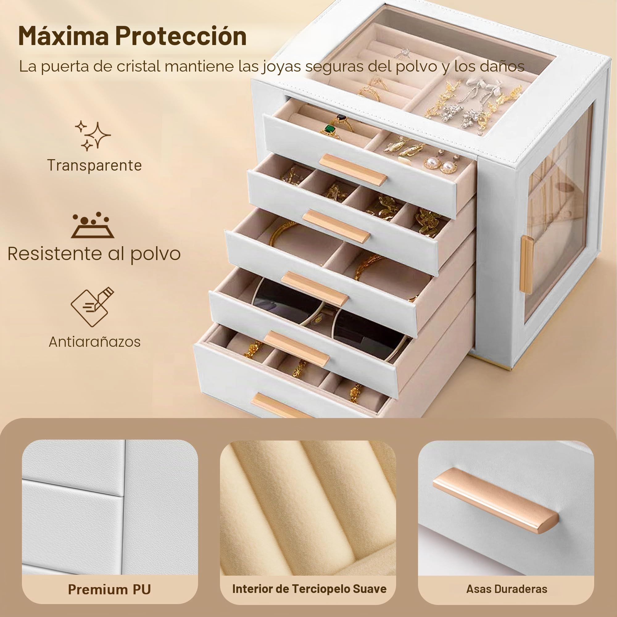 Homeanda Joyero para mujeres con tapa de vidrio, organizador y almacenamiento de joyas de 5 cajones para collares, anillos, aretes, pulseras, regalo para niñas y adolescentes, de piel sintética