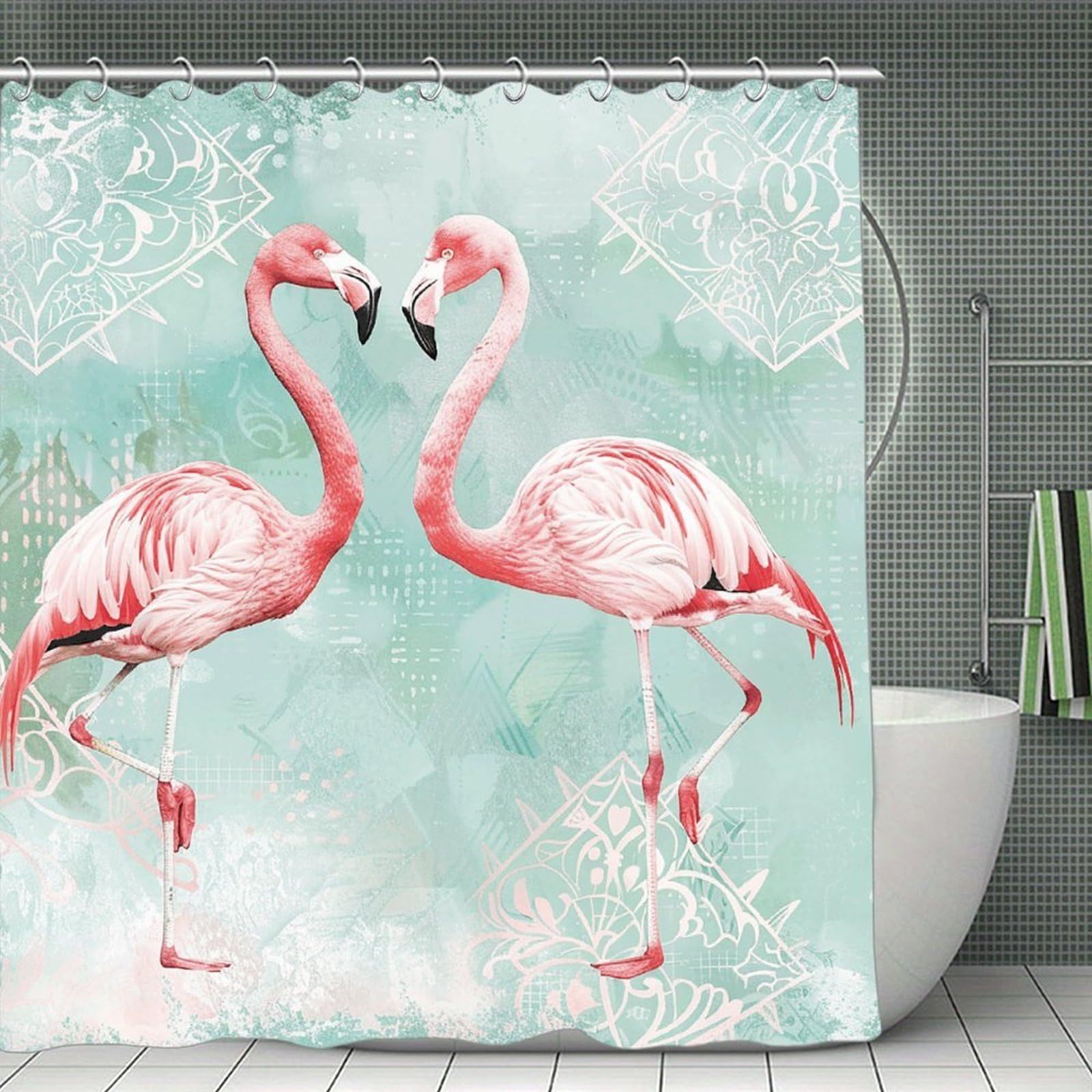QMNLKH Two Peach Flamingos Shower Curtain with Hooks, Waterproof Bath Curtains for Bathroom, Lightweight Bath Curtains Liner for Hotel, Personalized Bath Curtain for Spa, 70.8 Inch